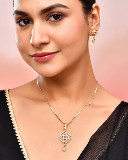 VOJ Gold-Polished Square Shaped AD Stone Studded Chain Set - Distacart