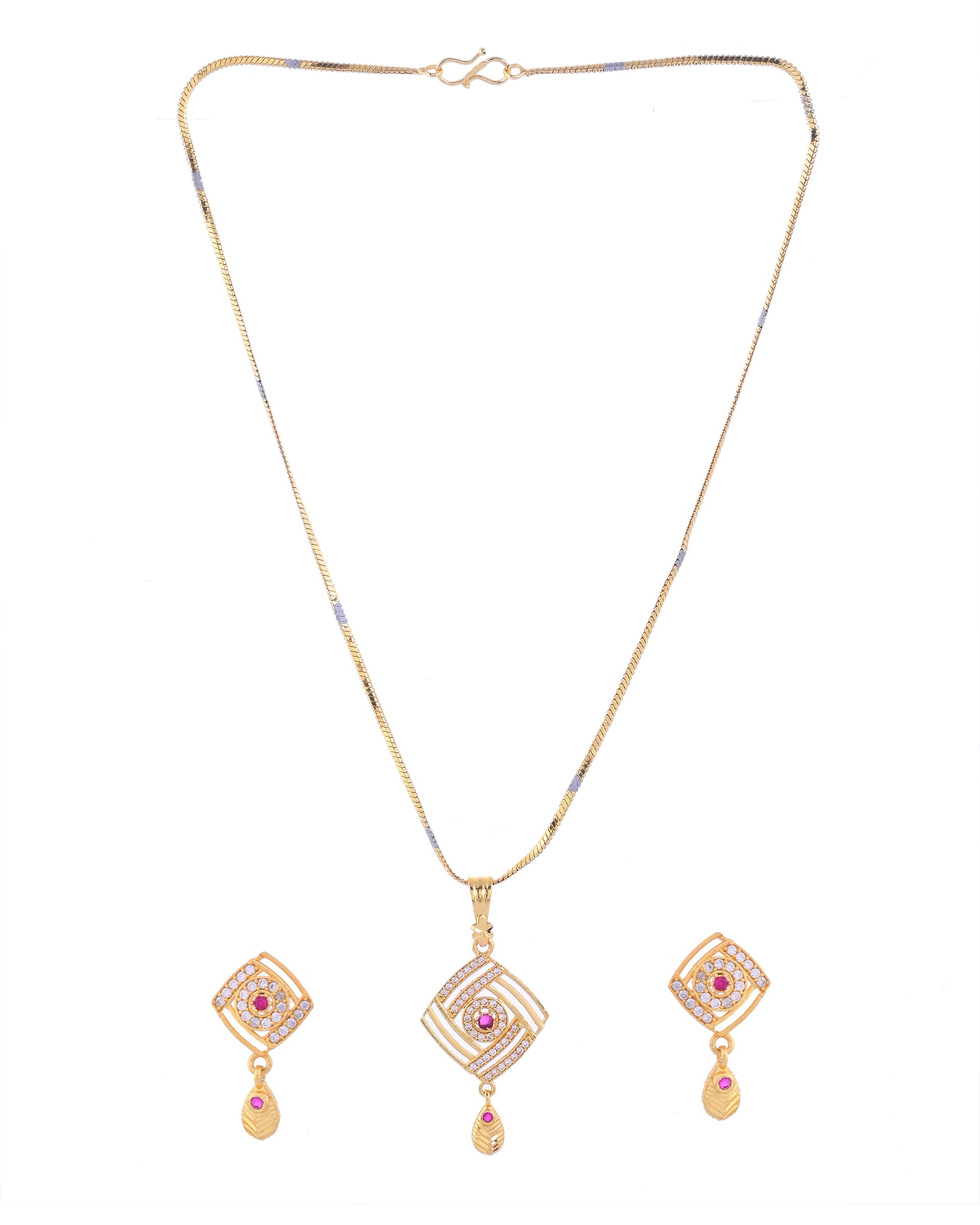 VOJ Gold-Polished Square Shaped AD Stone Studded Chain Set - Distacart