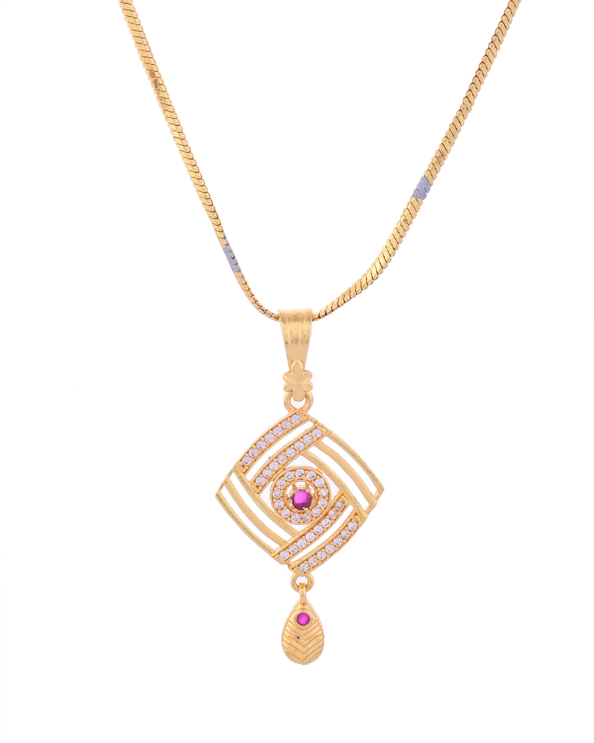 VOJ Gold-Polished Square Shaped AD Stone Studded Chain Set - Distacart