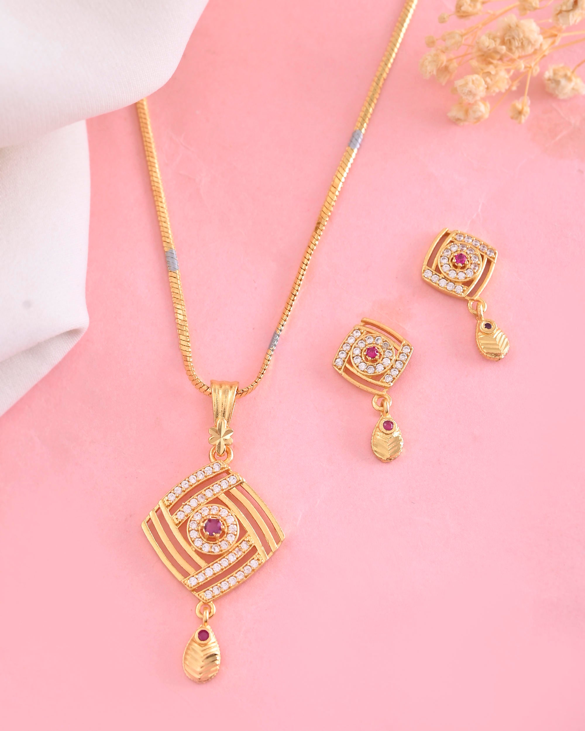 VOJ Gold-Polished Square Shaped AD Stone Studded Chain Set - Distacart