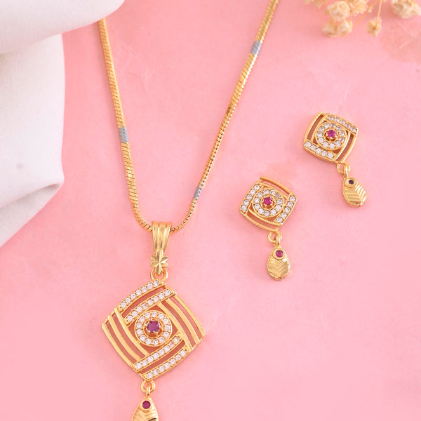VOJ Gold-Polished Square Shaped AD Stone Studded Chain Set - Distacart