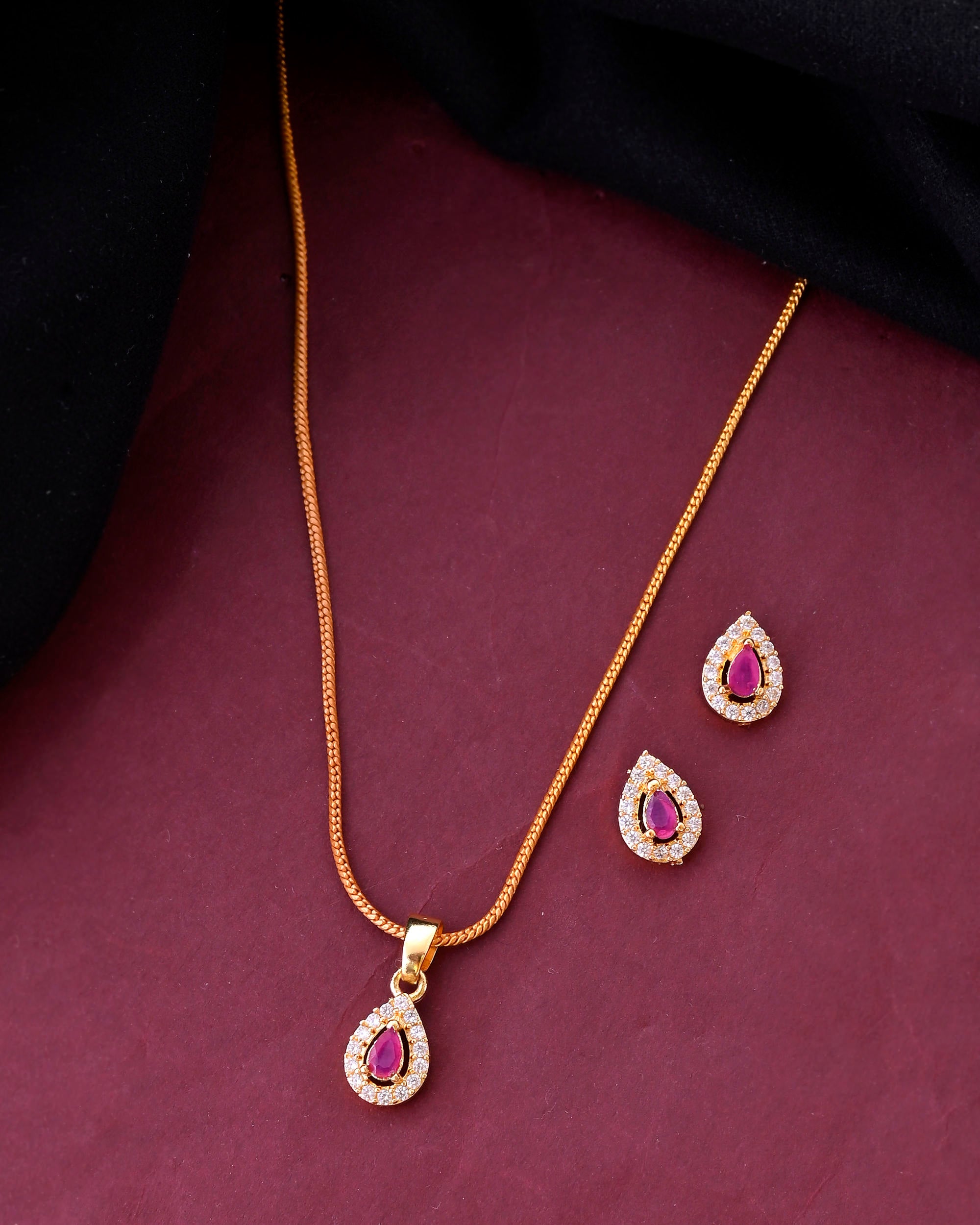 VOJ Gold-Polished Tear Drop Shaped Ruby Red Stone Studded Chain Set - Distacart