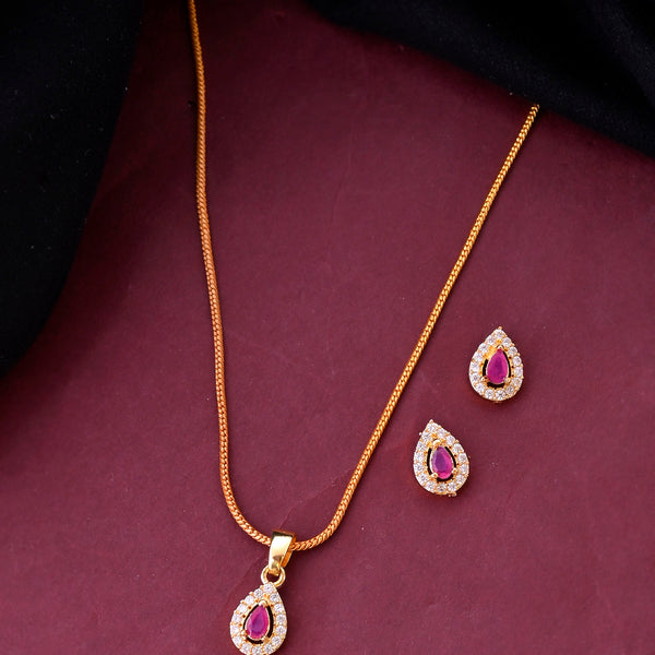 VOJ Gold-Polished Tear Drop Shaped Ruby Red Stone Studded Chain Set - Distacart