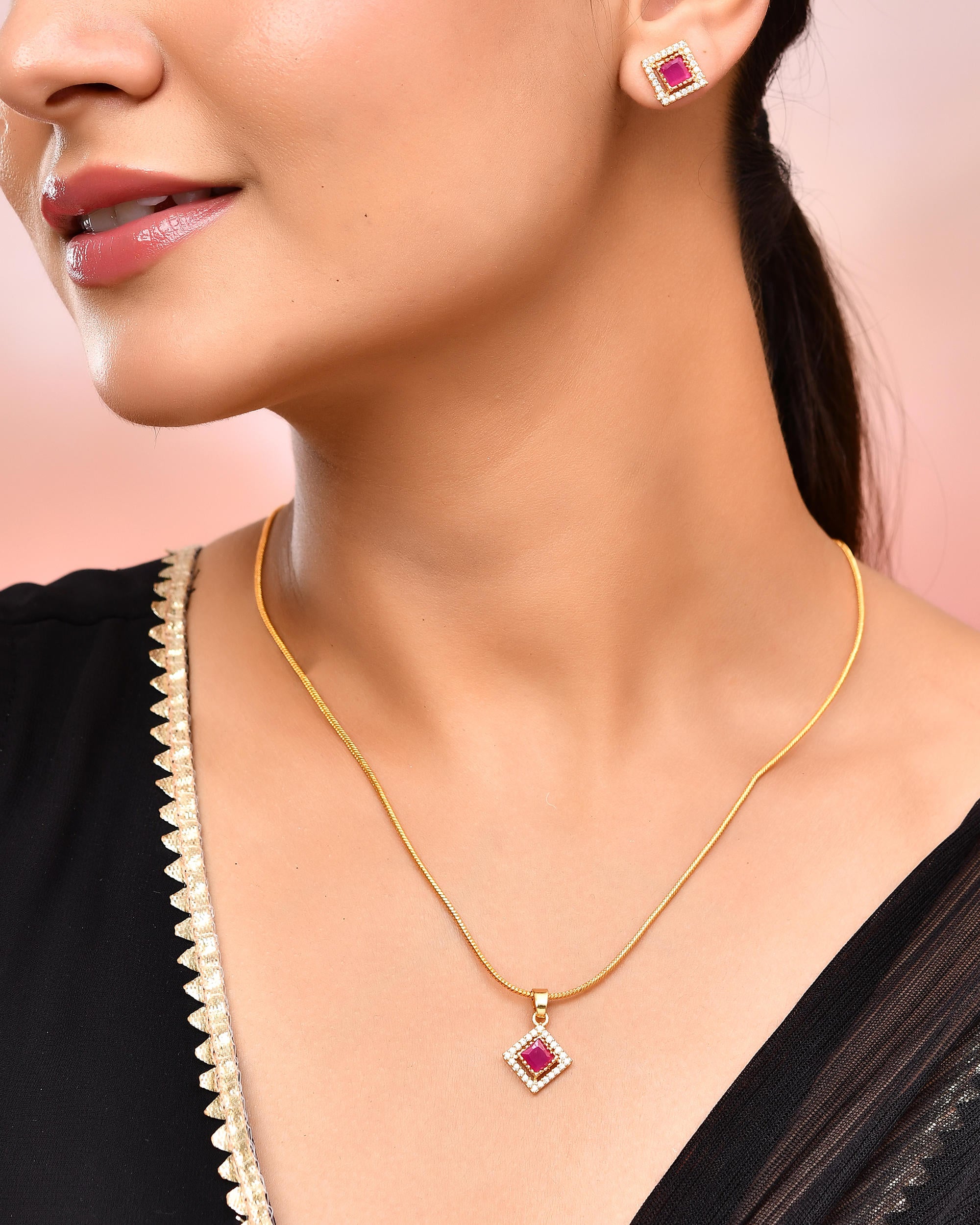 VOJ Gold-Polished Square Shaped Ruby Red Stone Studded Chain Set - Distacart