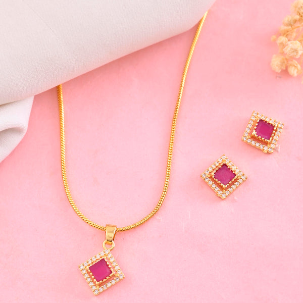 VOJ Gold-Polished Square Shaped Ruby Red Stone Studded Chain Set - Distacart