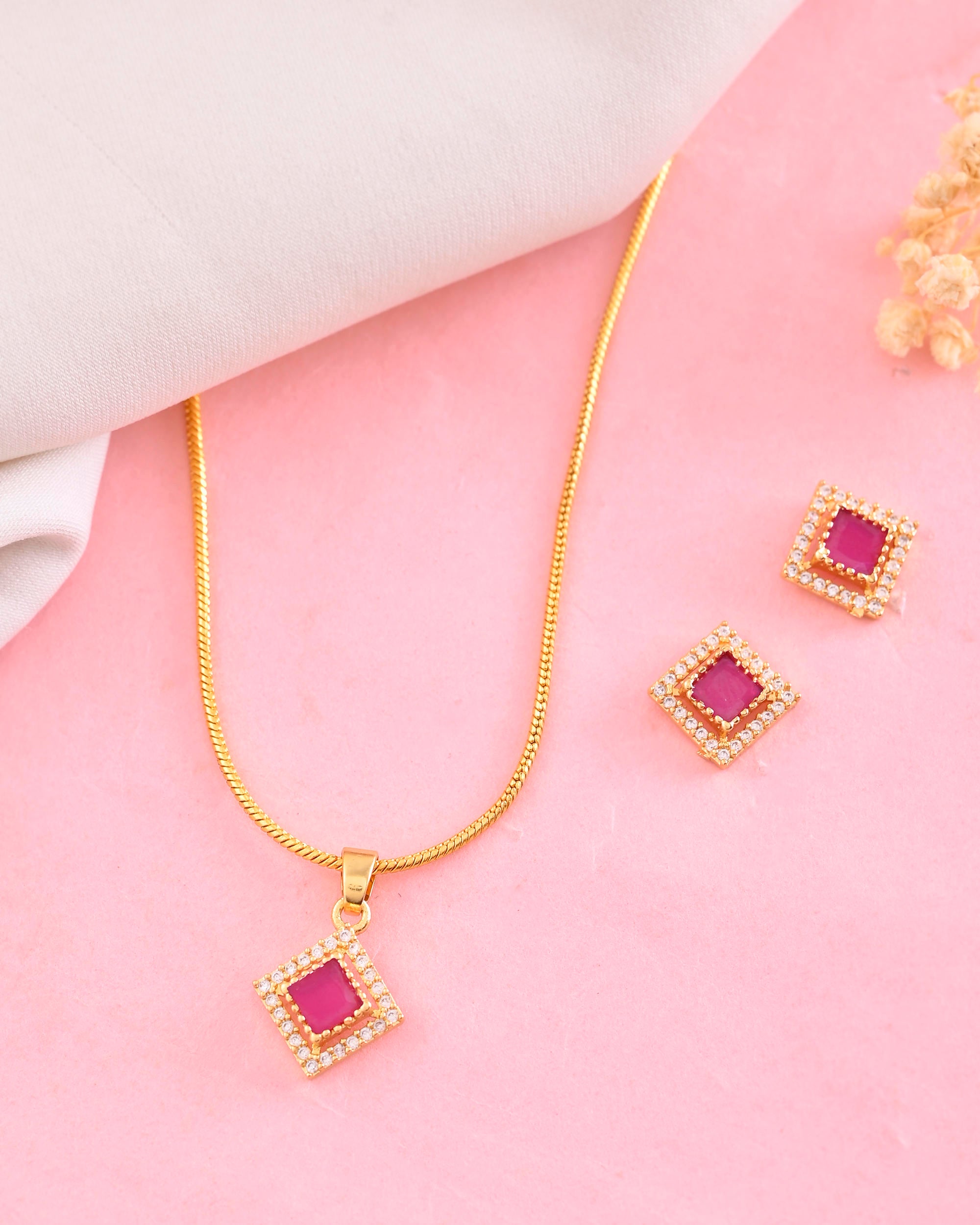 VOJ Gold-Polished Square Shaped Ruby Red Stone Studded Chain Set - Distacart