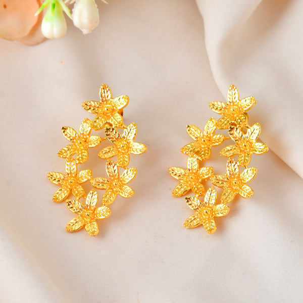 VOJ Gold Polished Floral Designer Earrings