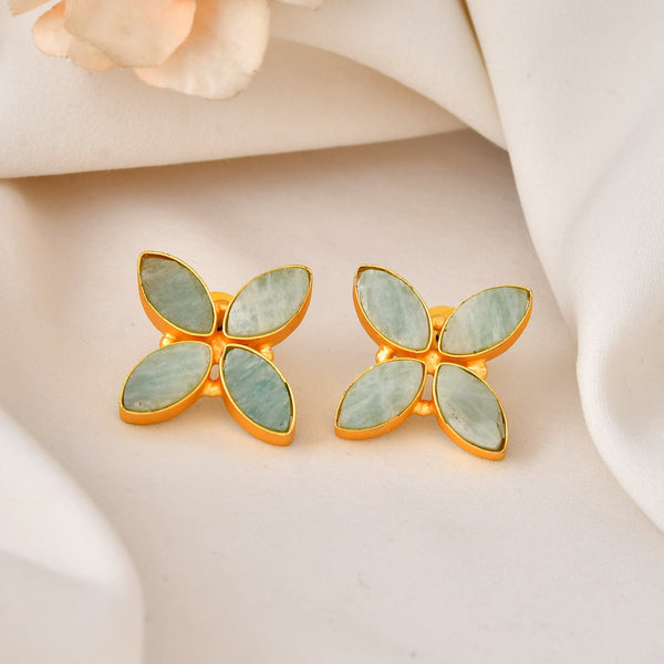 VOJ Gold Polished Teal Stone Studded Floral Stud Earrings - Distacart
