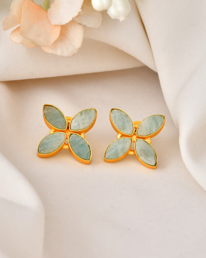 VOJ Gold Polished Teal Stone Studded Floral Stud Earrings - Distacart