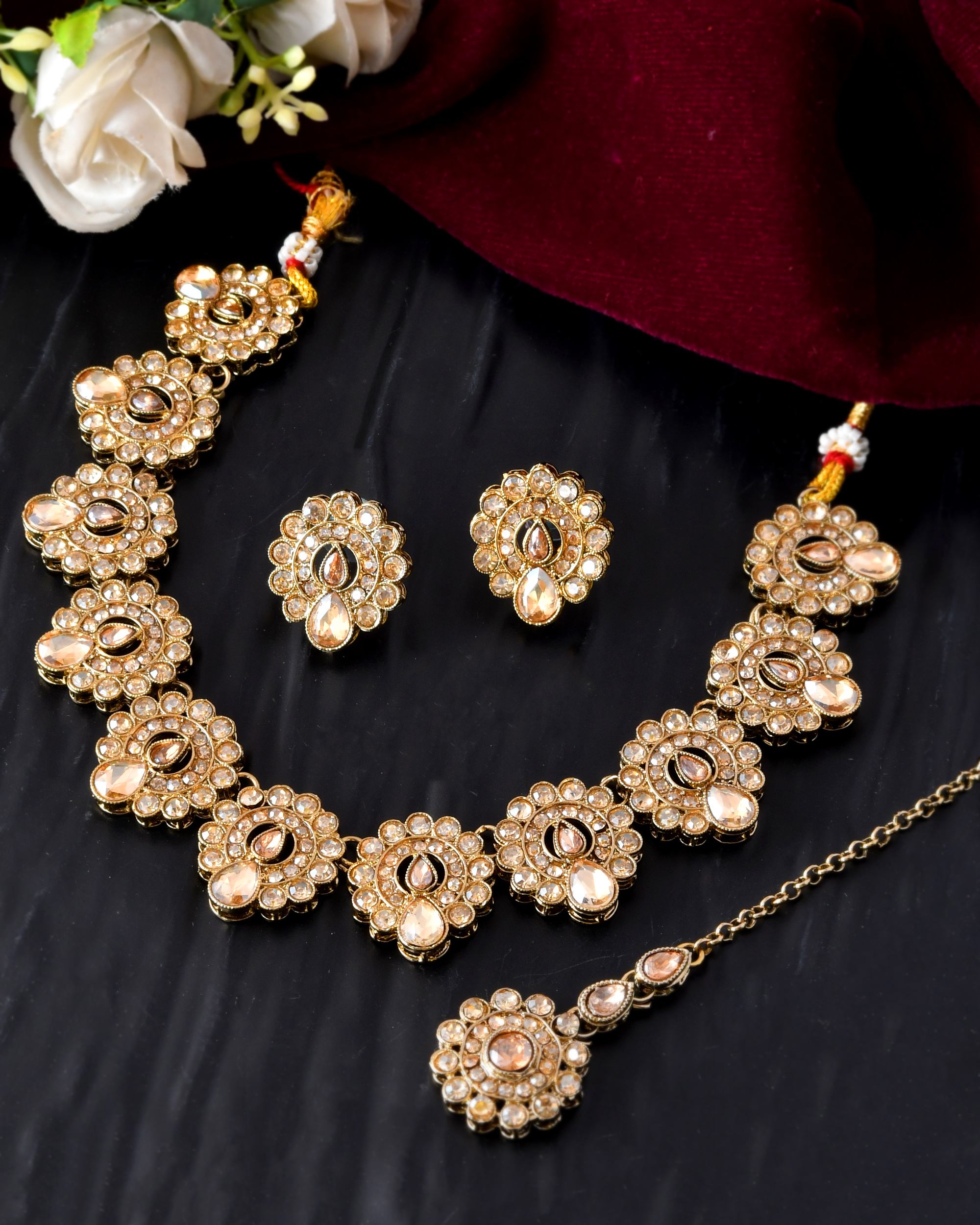 VOJ Copper Plated Stone Studded Circular Shaped Jewellery Set With Maang Tikka