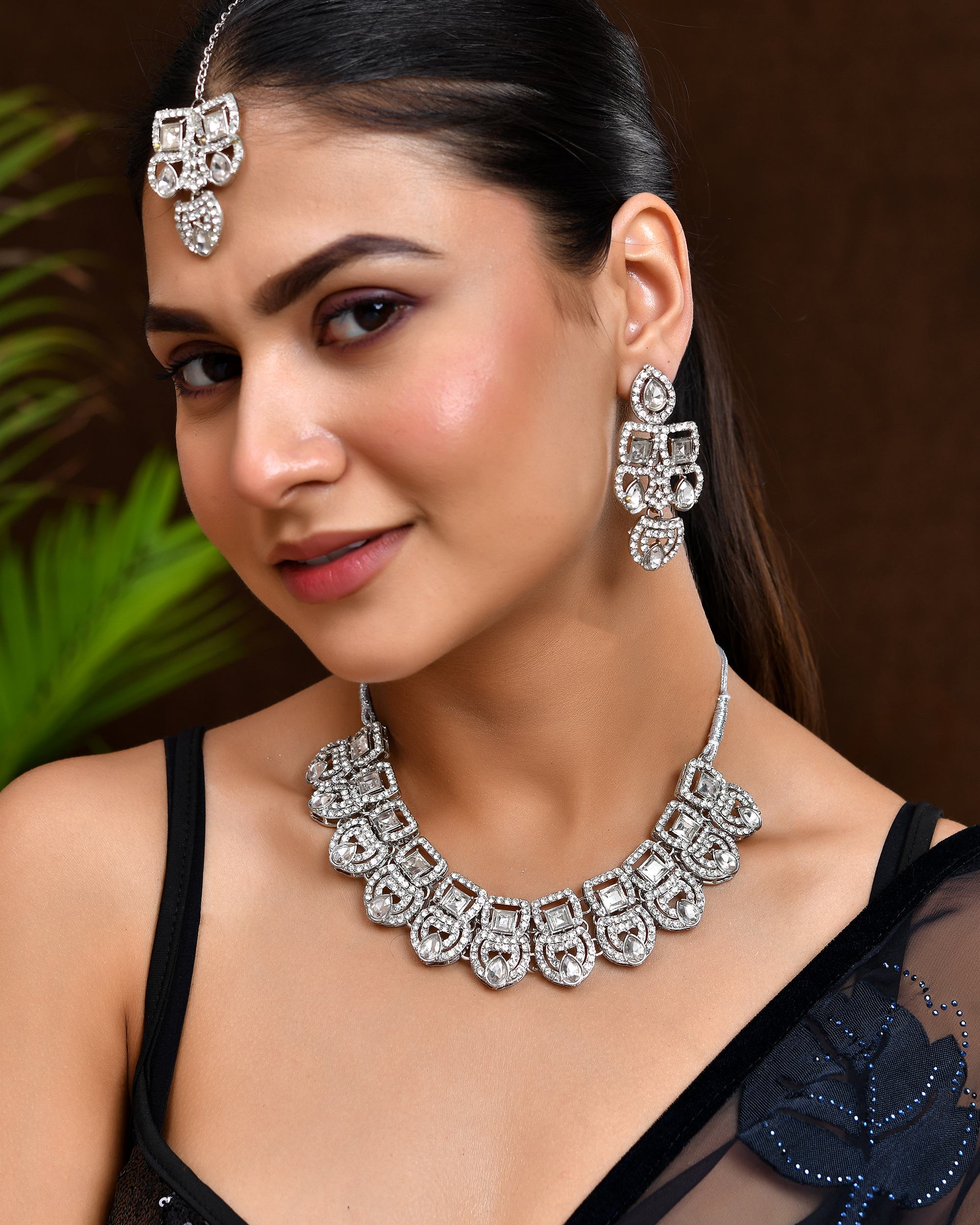 VOJ Silver - Plated American Diamond Studded Jewellery Set