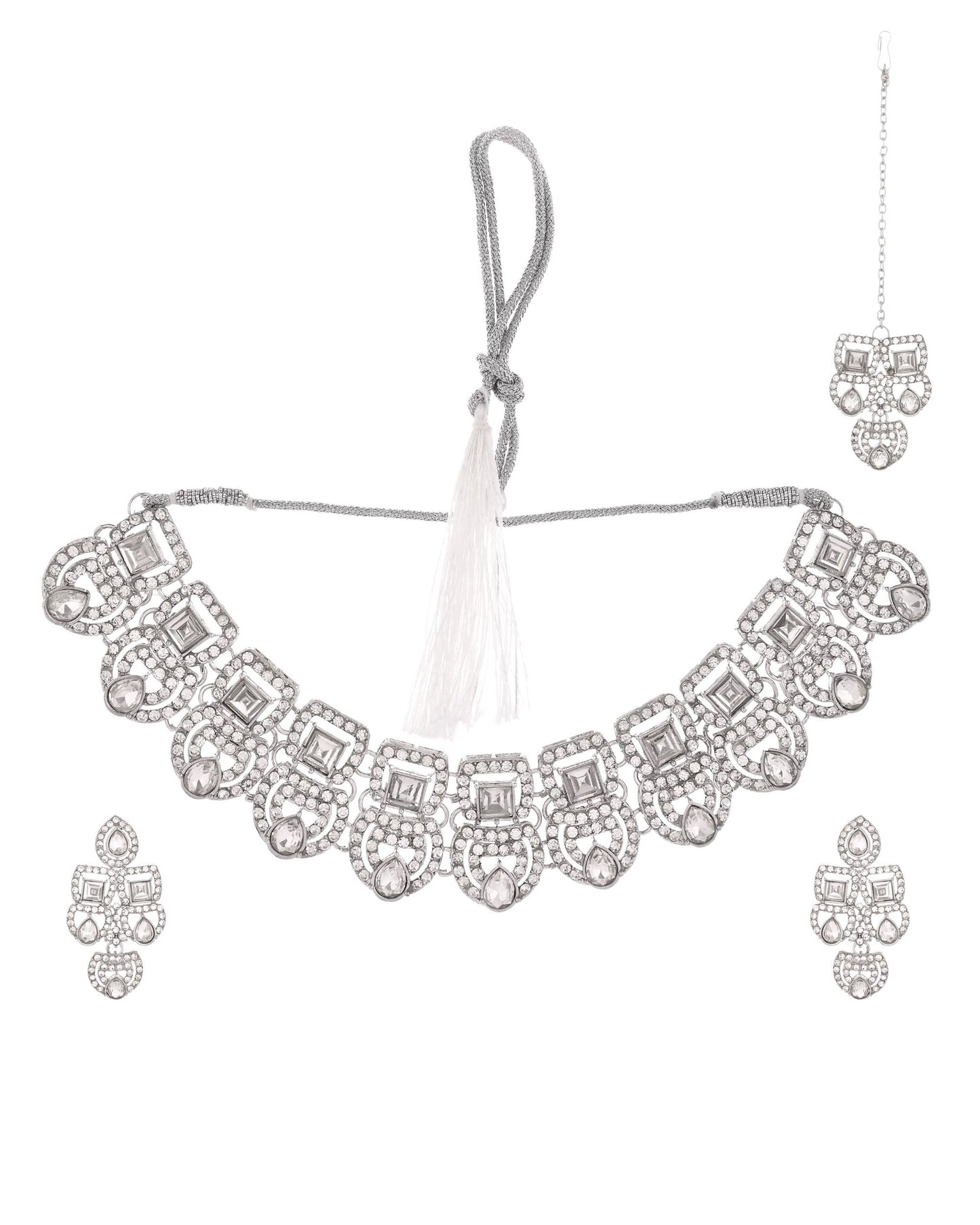 VOJ Silver - Plated American Diamond Studded Jewellery Set - Distacart