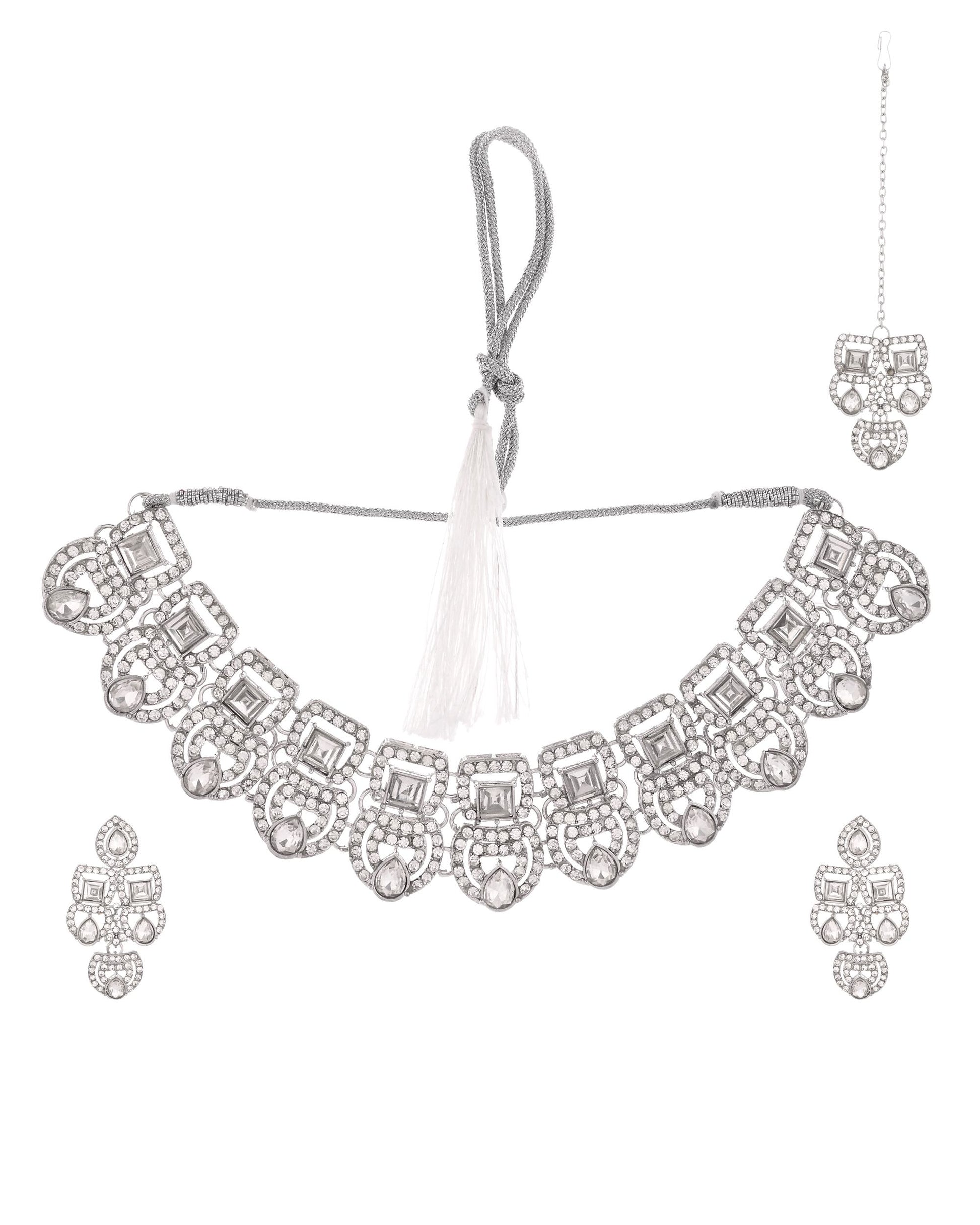 VOJ Silver - Plated American Diamond Studded Jewellery Set - Distacart