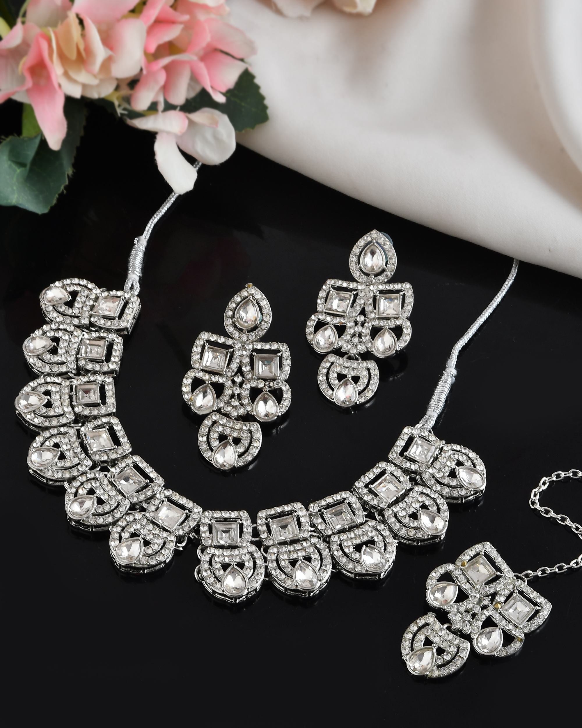 VOJ Silver - Plated American Diamond Studded Jewellery Set