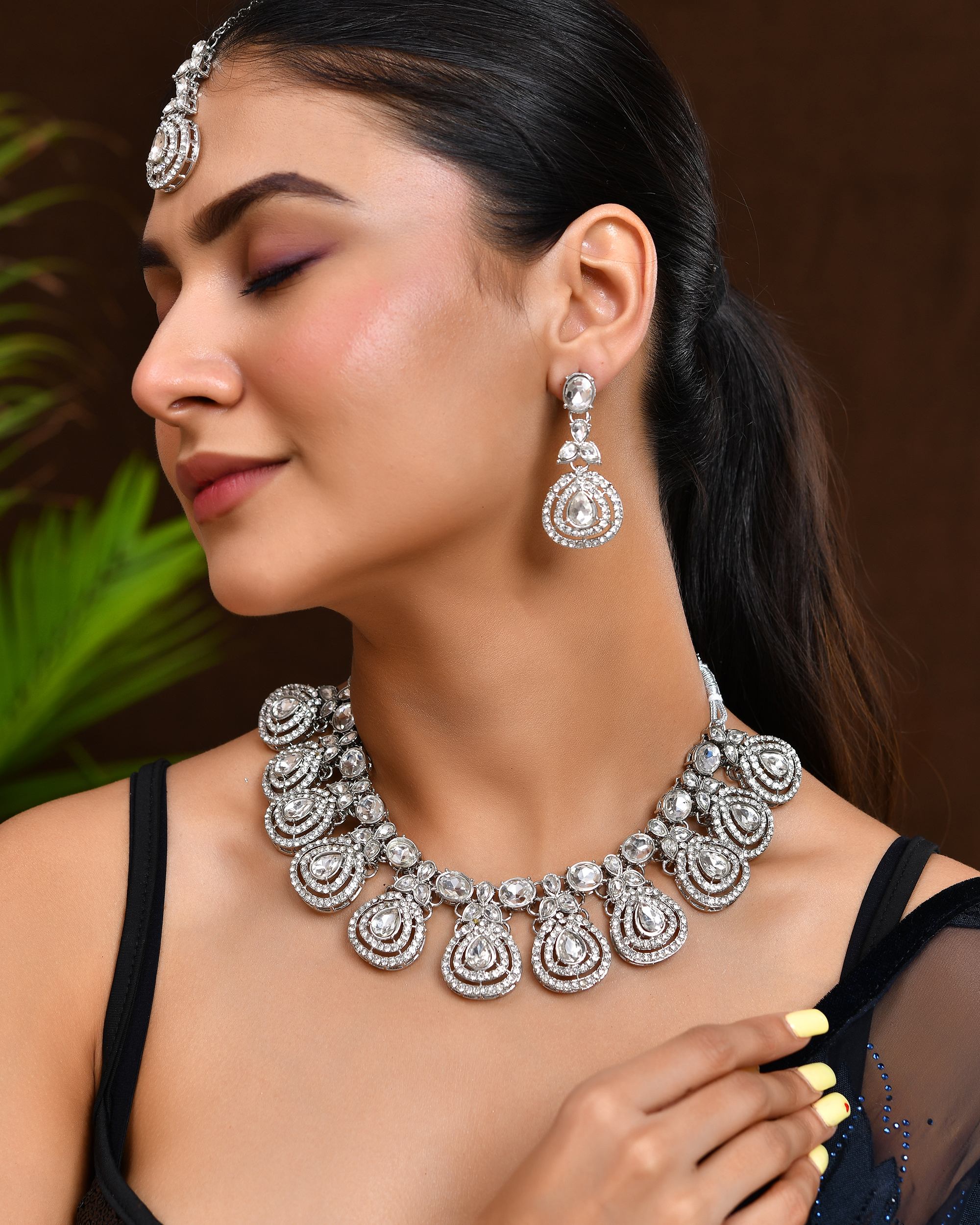VOJ Silver-Plated CZ Studded Jewellery Set With Maang Tikka