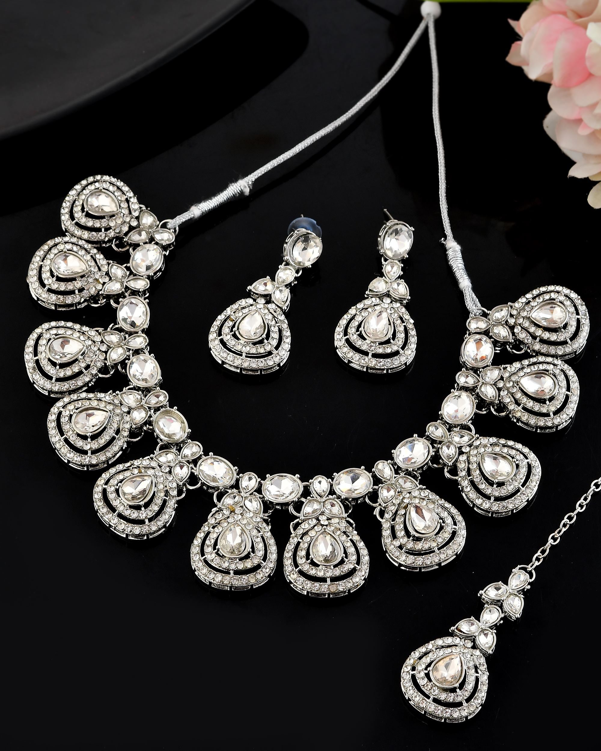 VOJ Silver-Plated CZ Studded Jewellery Set With Maang Tikka