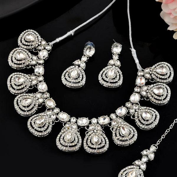 VOJ Silver-Plated CZ Studded Jewellery Set With Maang Tikka - Distacart