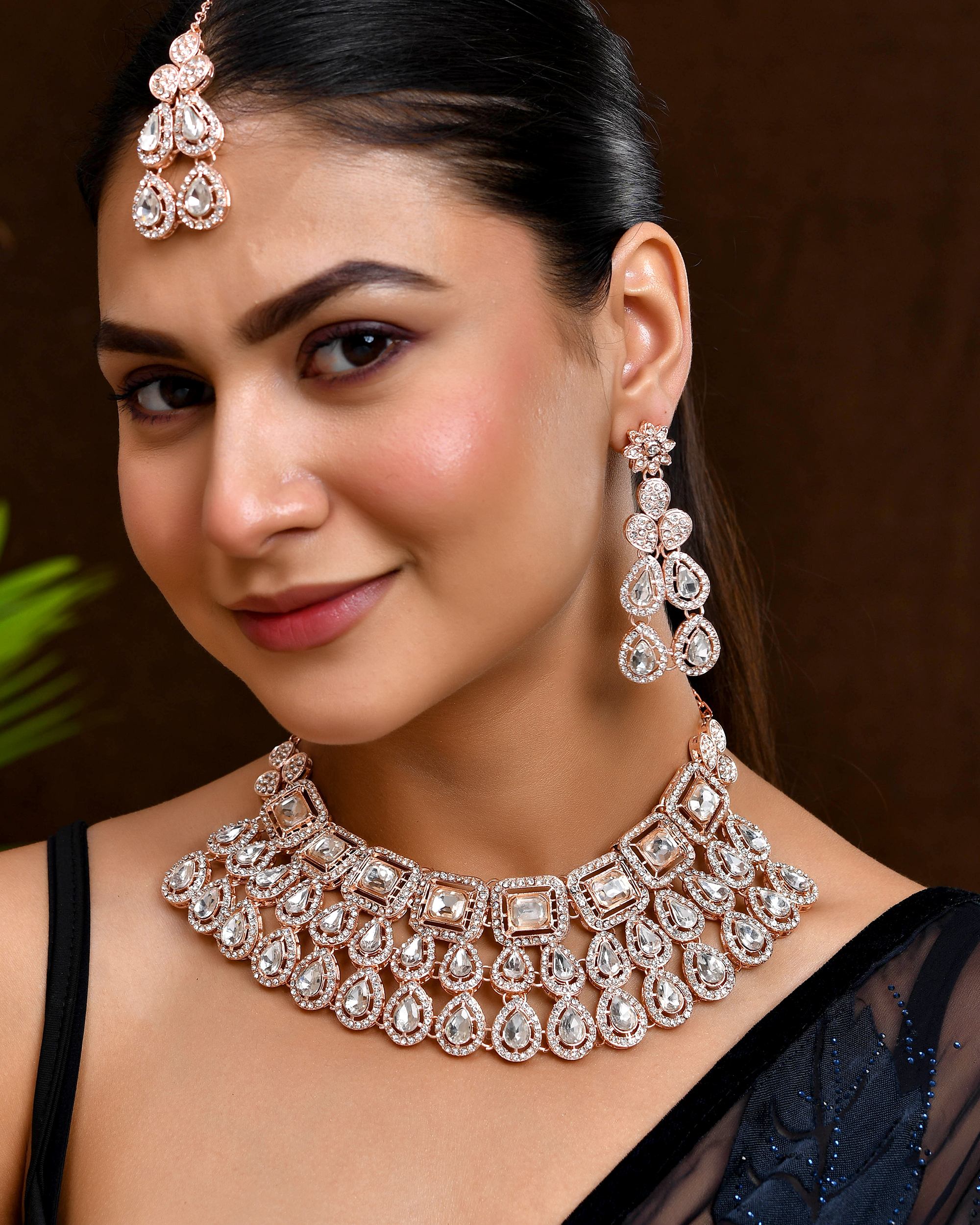 VOJ Rose Gold-Polished CZ Studded Jewellery Set With Maang Tikka