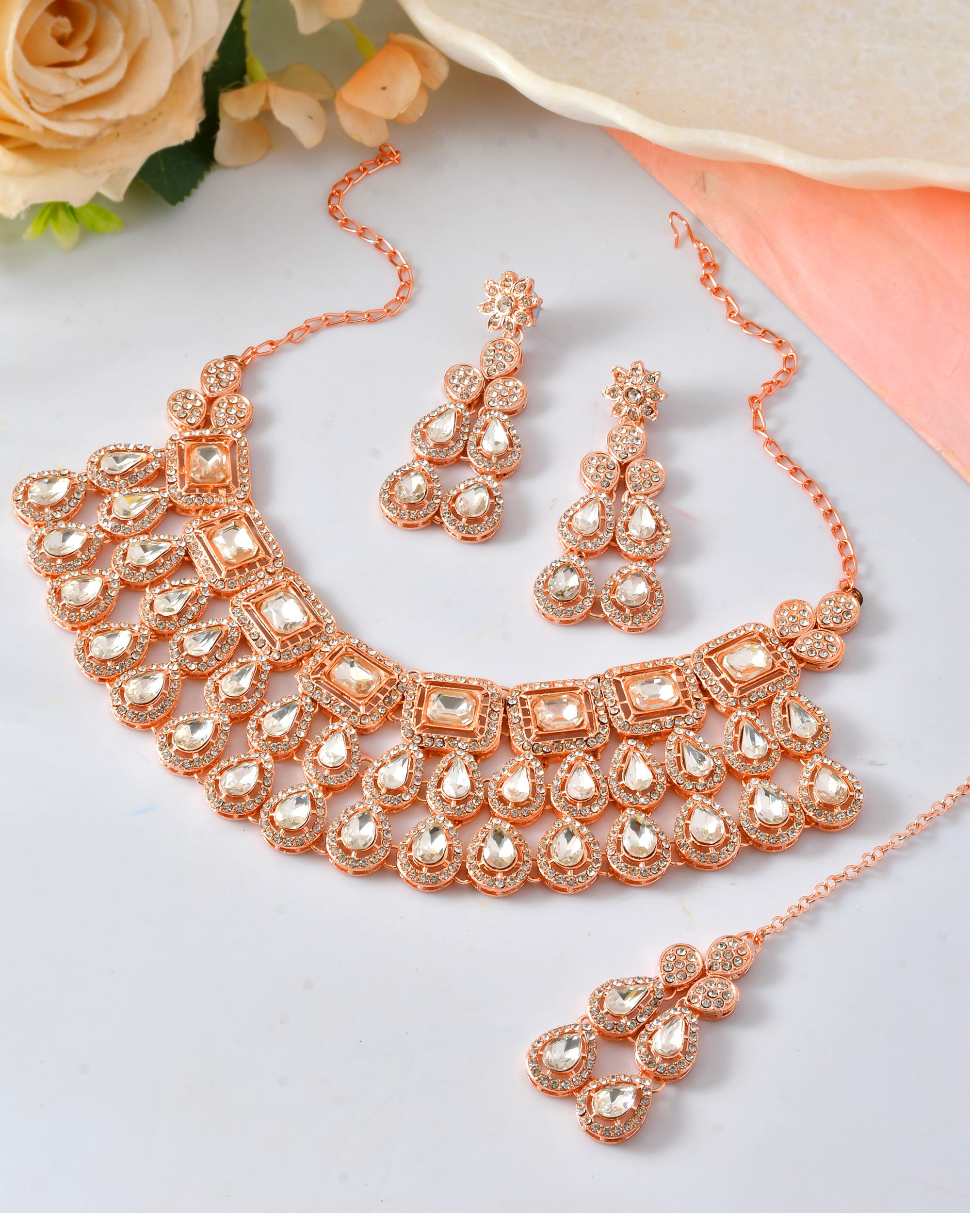 VOJ Rose Gold-Polished CZ Studded Jewellery Set With Maang Tikka