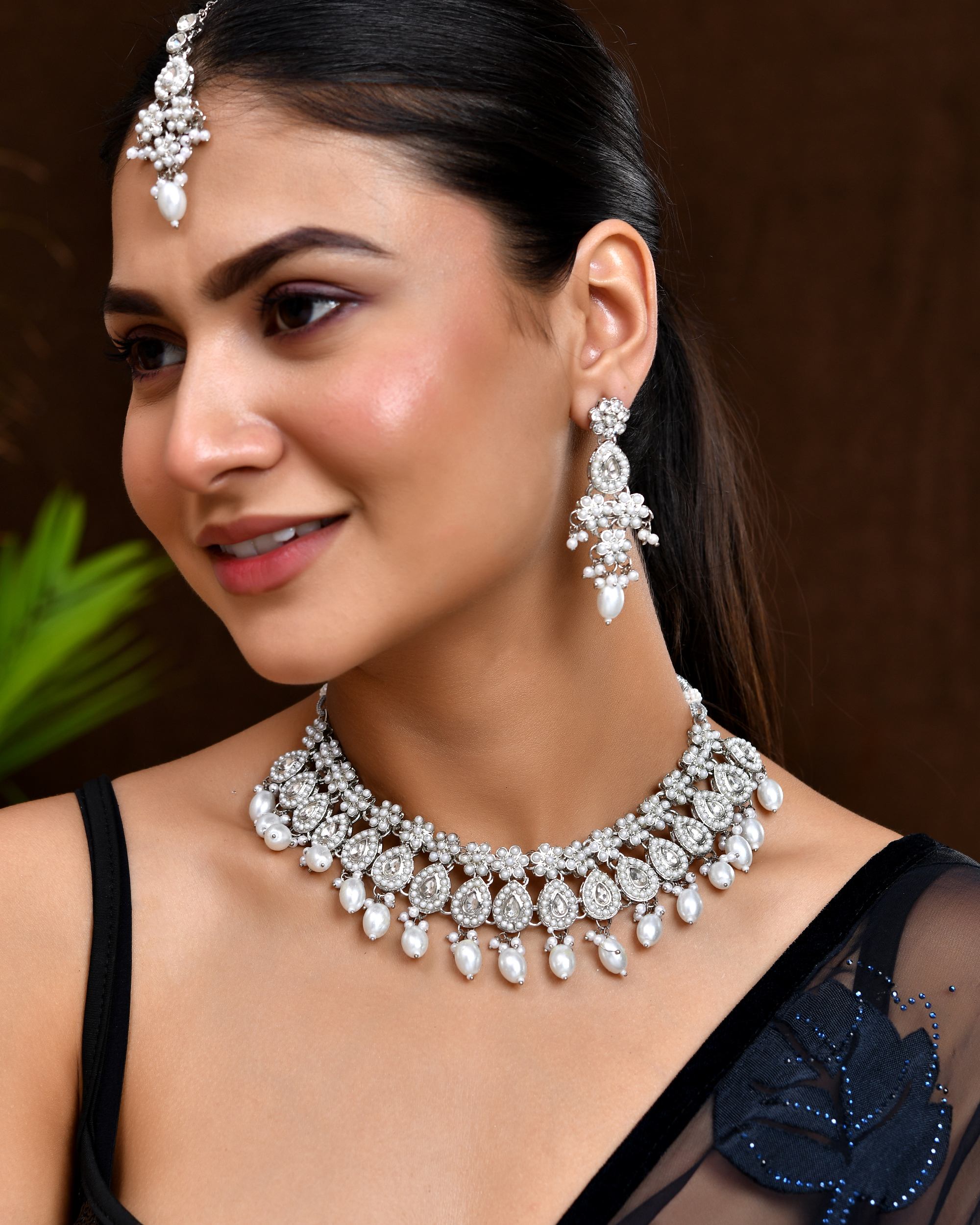 VOJ Silver-Plated CZ Stone And Pearl Necklace With Earrings And Maang Tikka Set