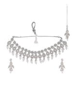 Thumbnail for VOJ Silver-Plated CZ Stone And Pearl Necklace With Earrings And Maang Tikka Set