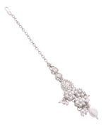 Thumbnail for VOJ Silver-Plated CZ Stone And Pearl Necklace With Earrings And Maang Tikka Set