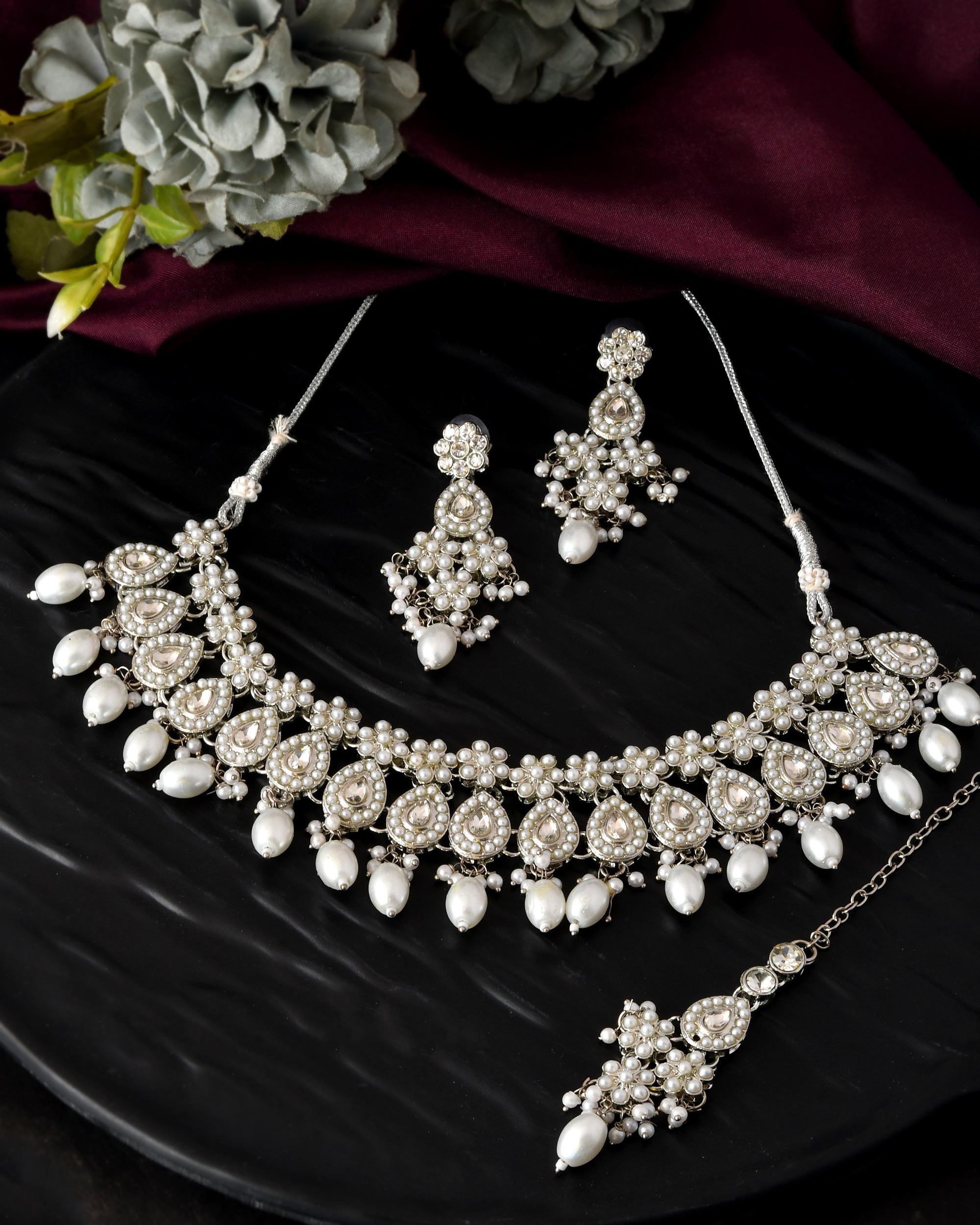 VOJ Silver-Plated CZ Stone And Pearl Necklace With Earrings And Maang Tikka Set