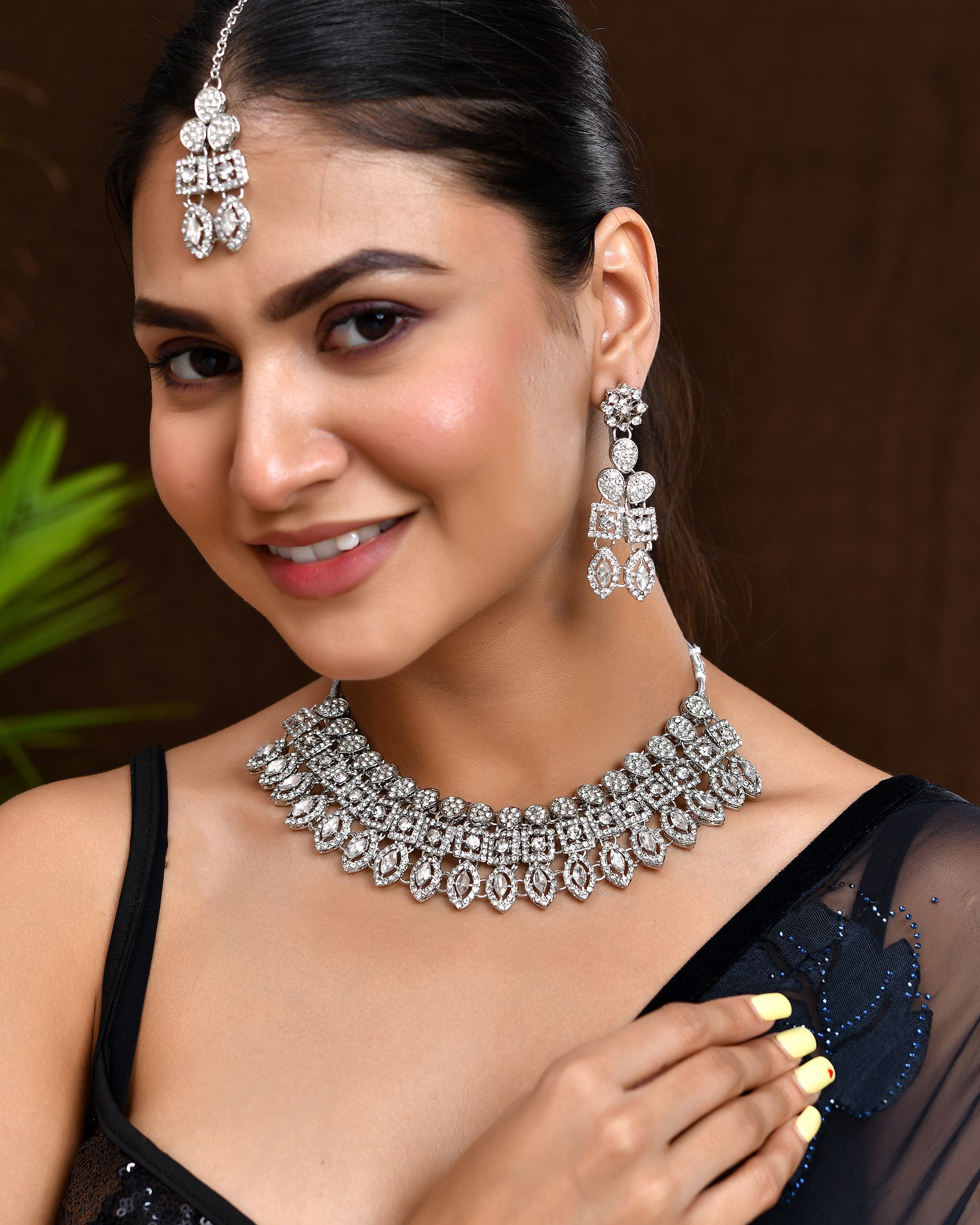 VOJ Silver-Plated AD Stone Studded Necklace With Earrings And Maang Tikka Set