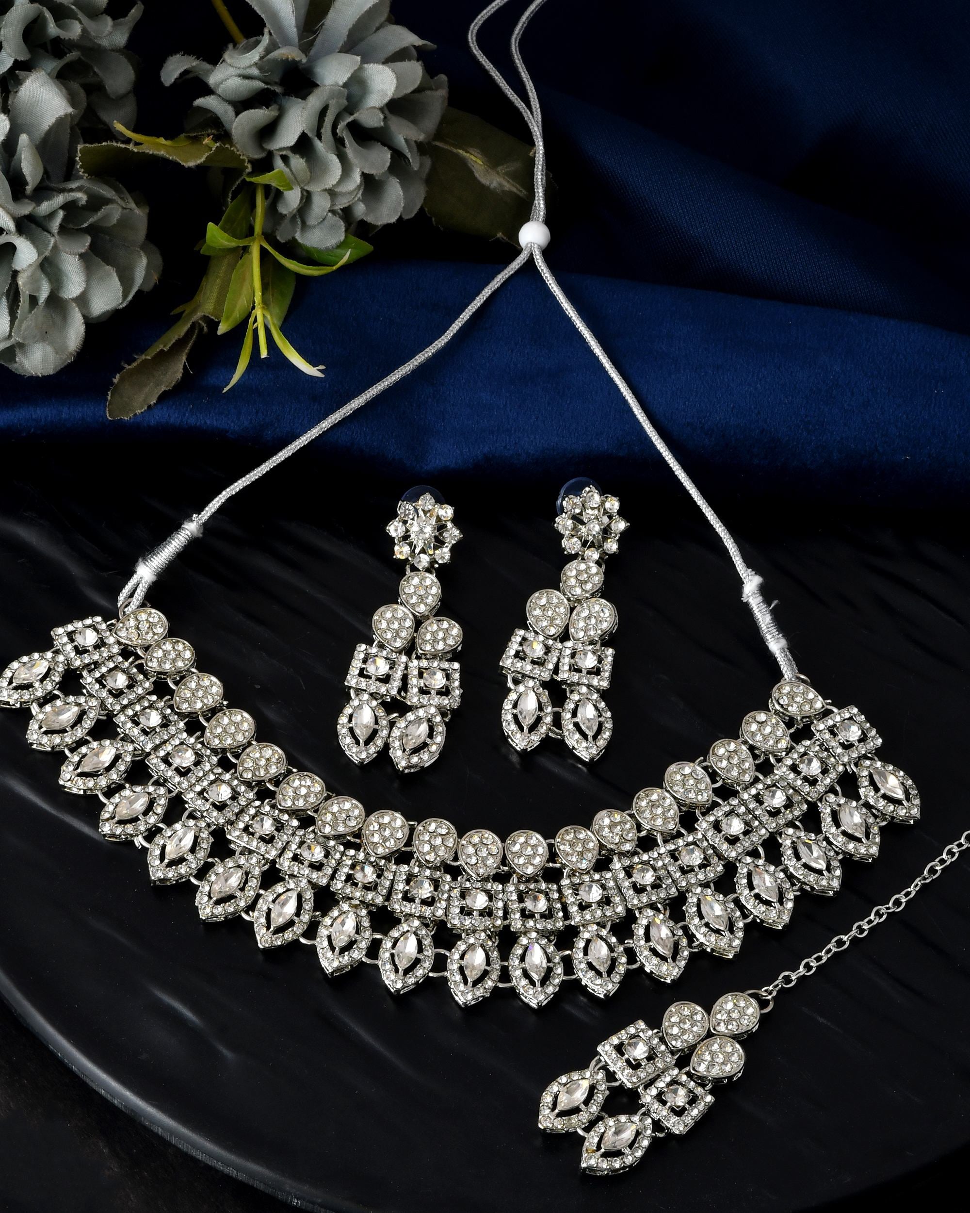 VOJ Silver-Plated AD Stone Studded Necklace With Earrings And Maang Tikka Set