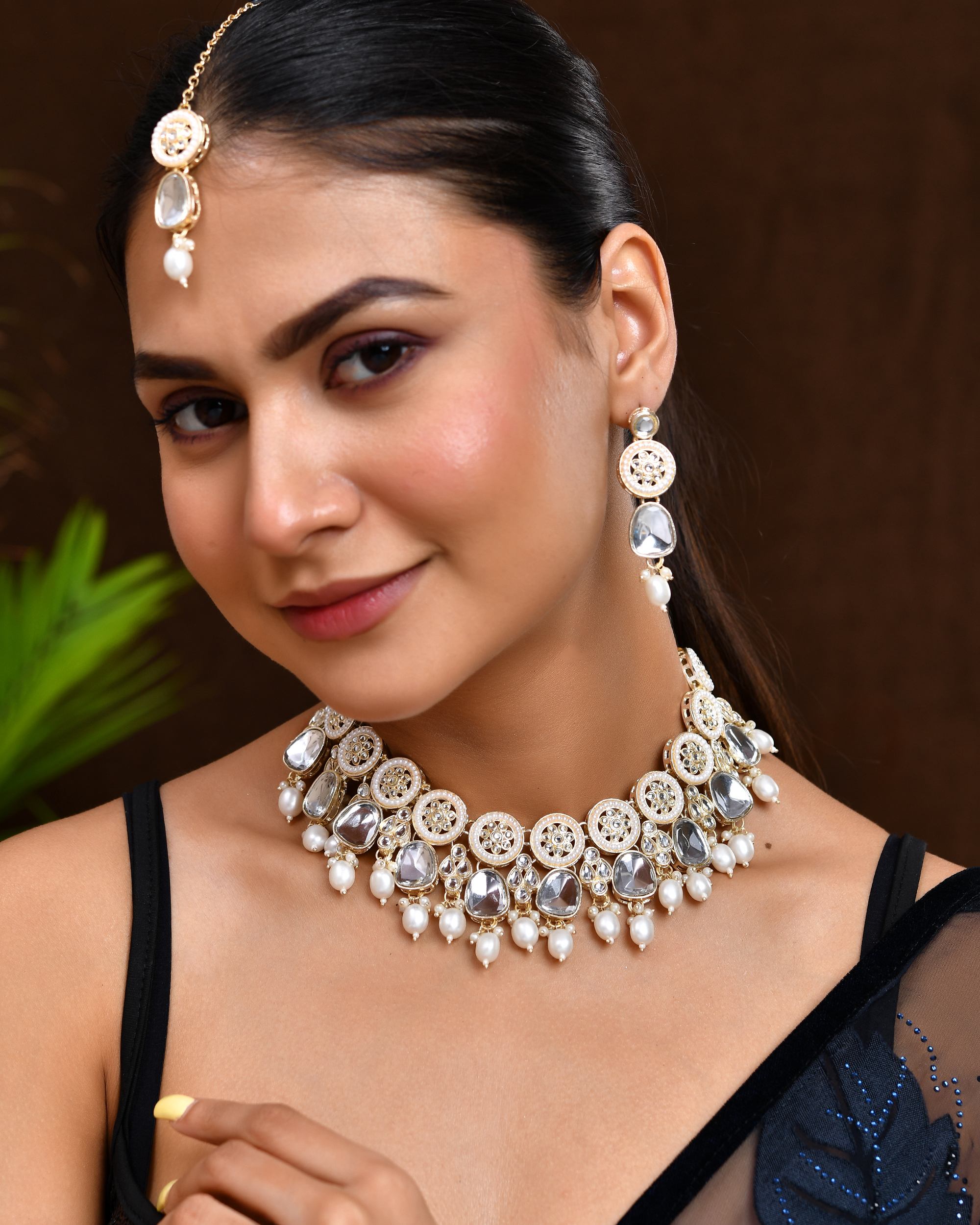 VOJ Gold Polished Artificial Beads And Stone Studded Necklace Set With Maang Tikka
