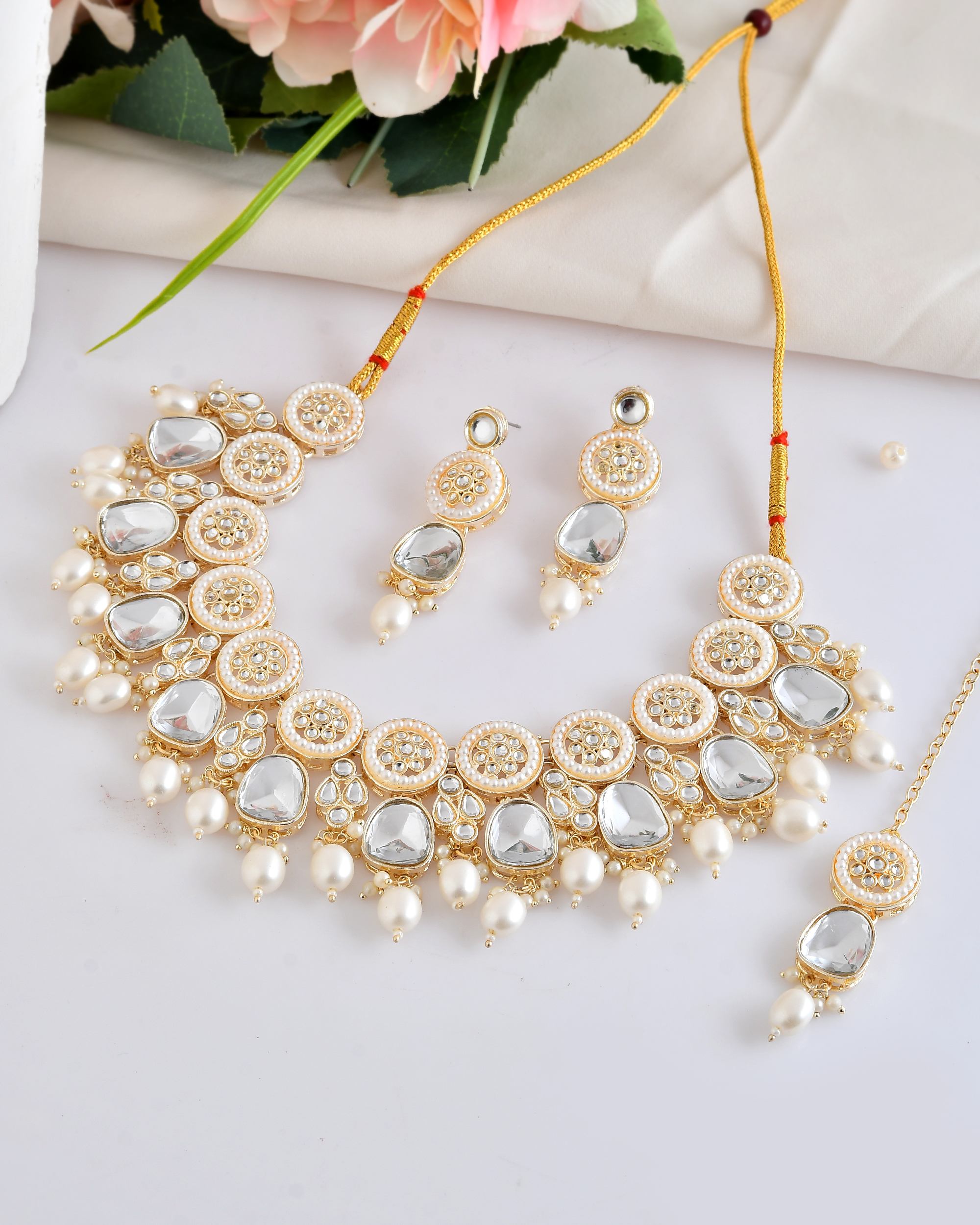 VOJ Gold Polished Artificial Beads And Stone Studded Necklace Set With Maang Tikka