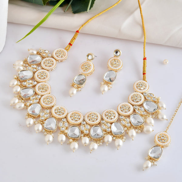 VOJ Gold Polished Artificial Beads And Stone Studded Necklace Set With Maang Tikka - Distacart
