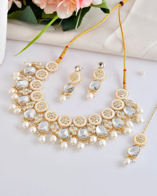 VOJ Gold Polished Artificial Beads And Stone Studded Necklace Set With Maang Tikka