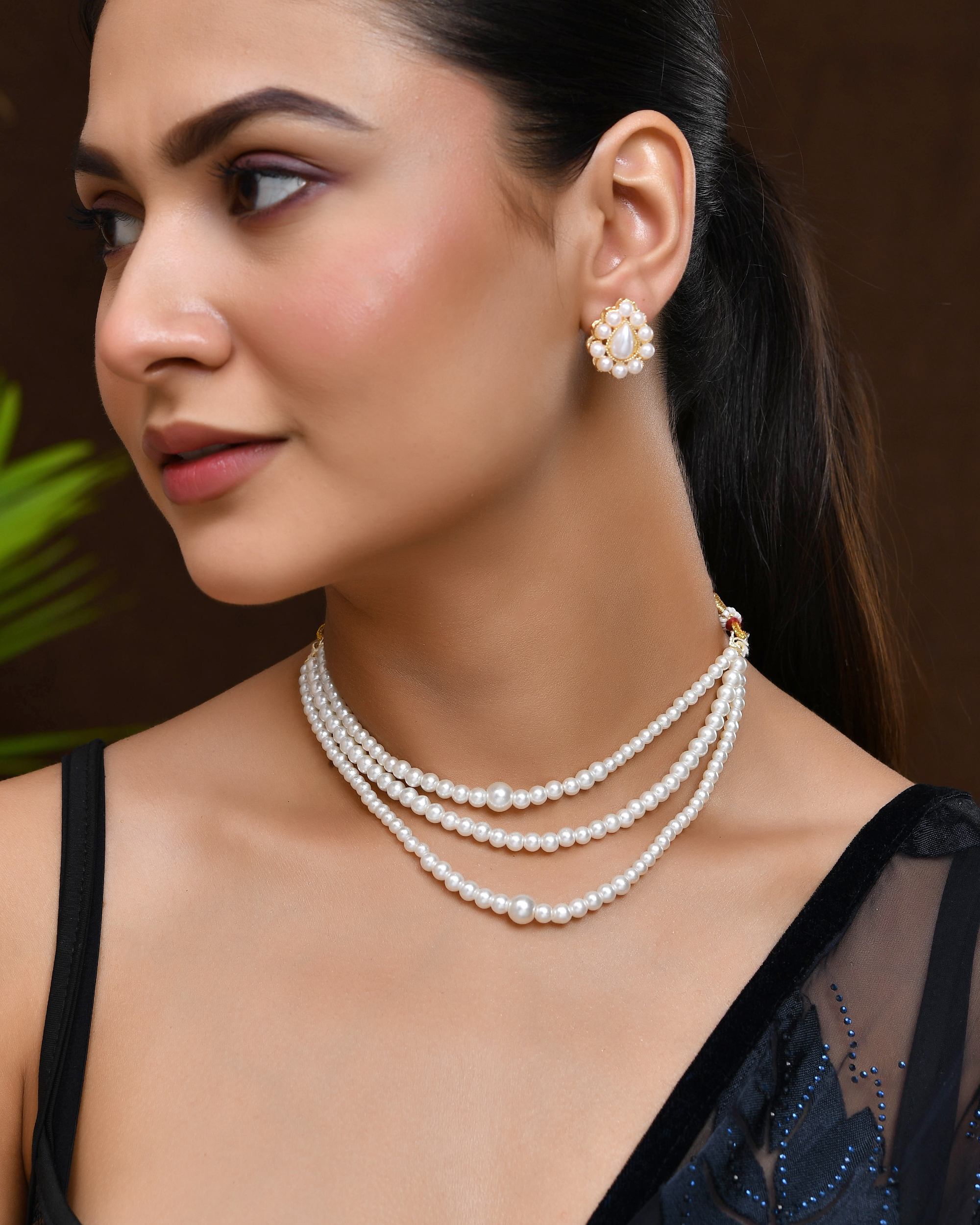 VOJ Gold Polished Artifical Pearl Mutli Layer Necklace And Earrings Set