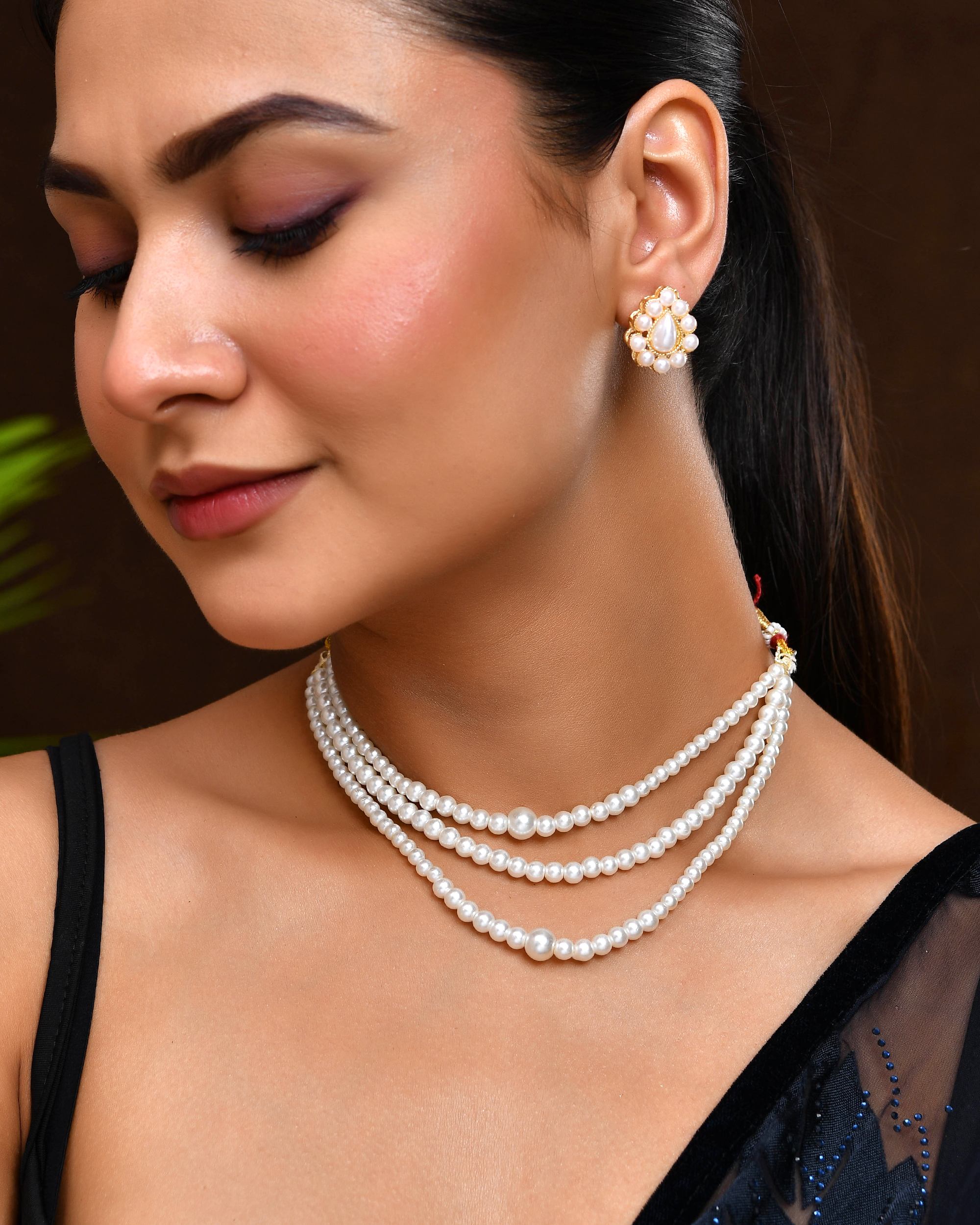 VOJ Gold Polished Artifical Pearl Mutli Layer Necklace And Earrings Set