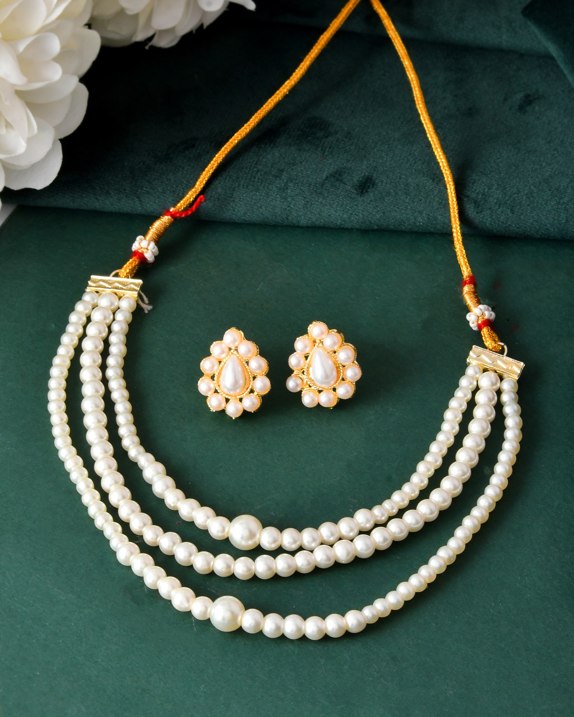 VOJ Gold Polished Artifical Pearl Mutli Layer Necklace And Earrings Set
