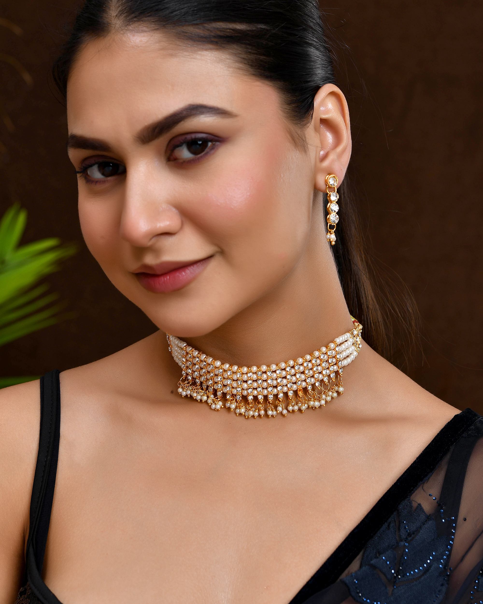 VOJ Gold Polished Artifical Beads And Stone Studded Necklace And Earrings Set