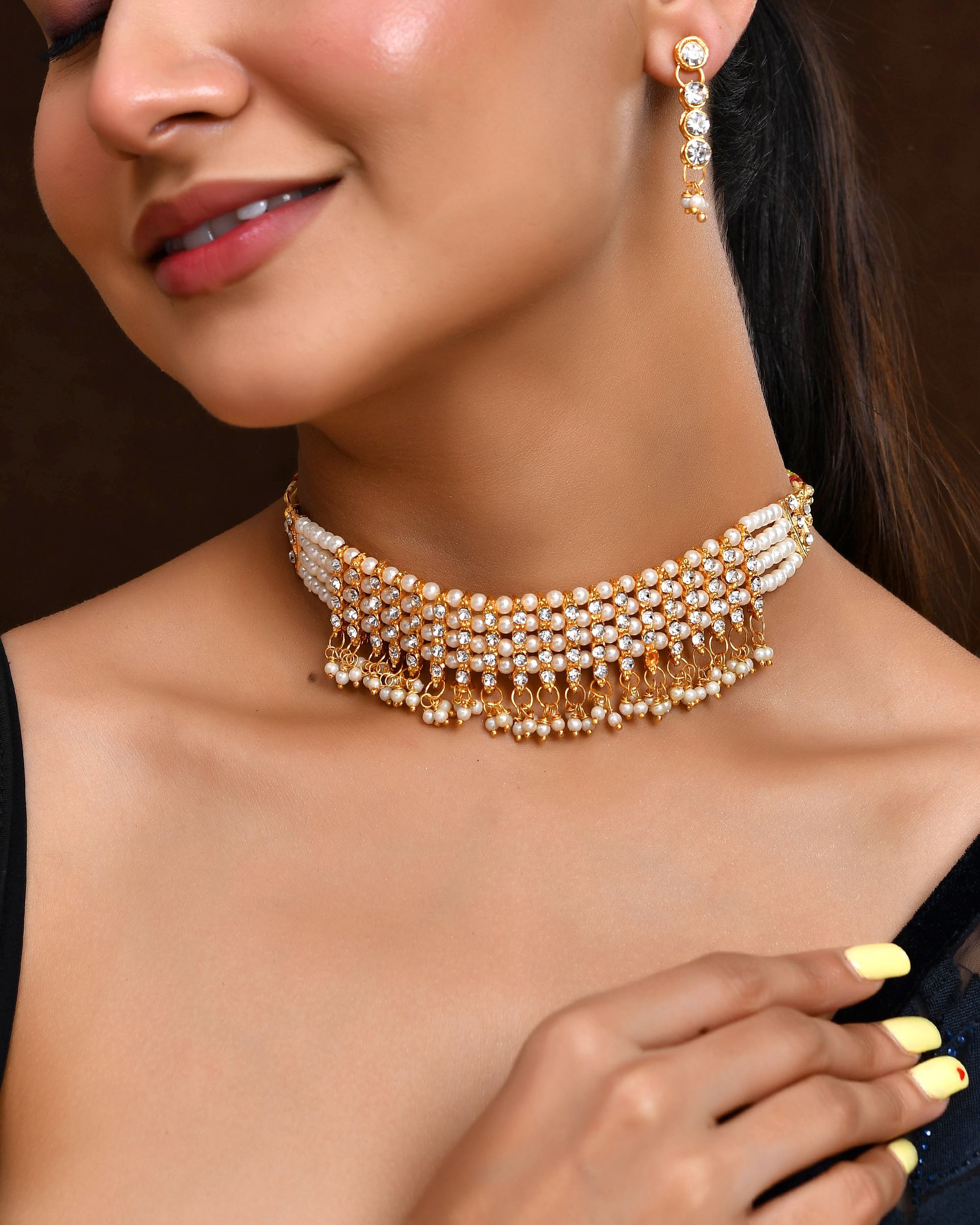 VOJ Gold Polished Artifical Beads And Stone Studded Necklace And Earrings Set
