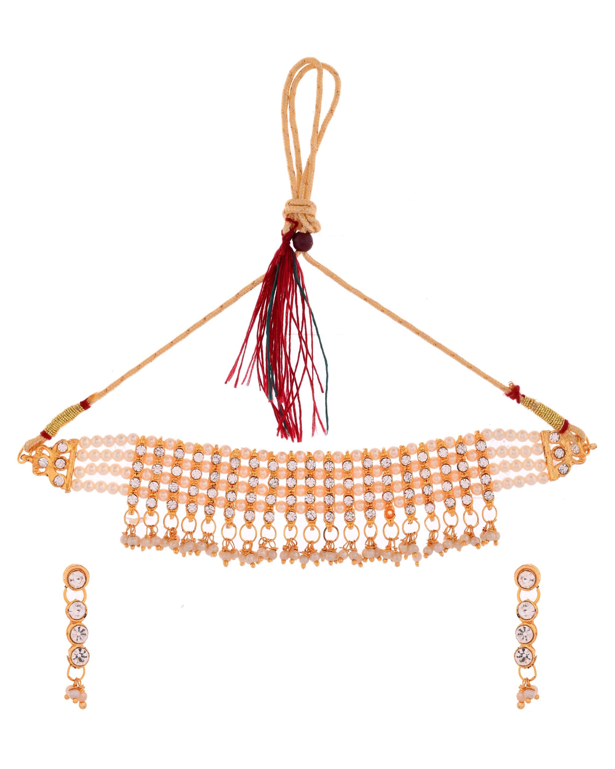 VOJ Gold Polished Artifical Beads And Stone Studded Necklace And Earrings Set