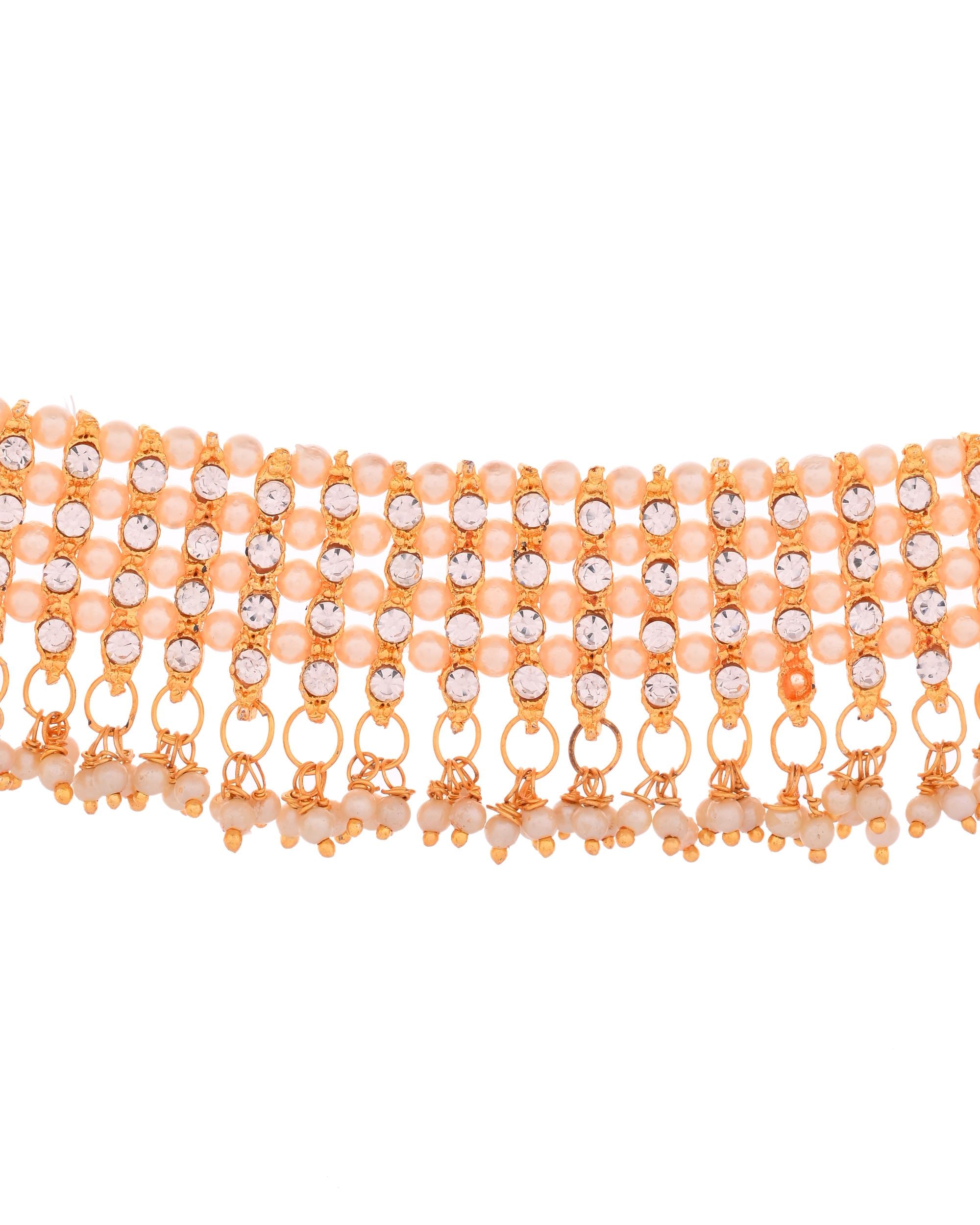 VOJ Gold Polished Artifical Beads And Stone Studded Necklace And Earrings Set