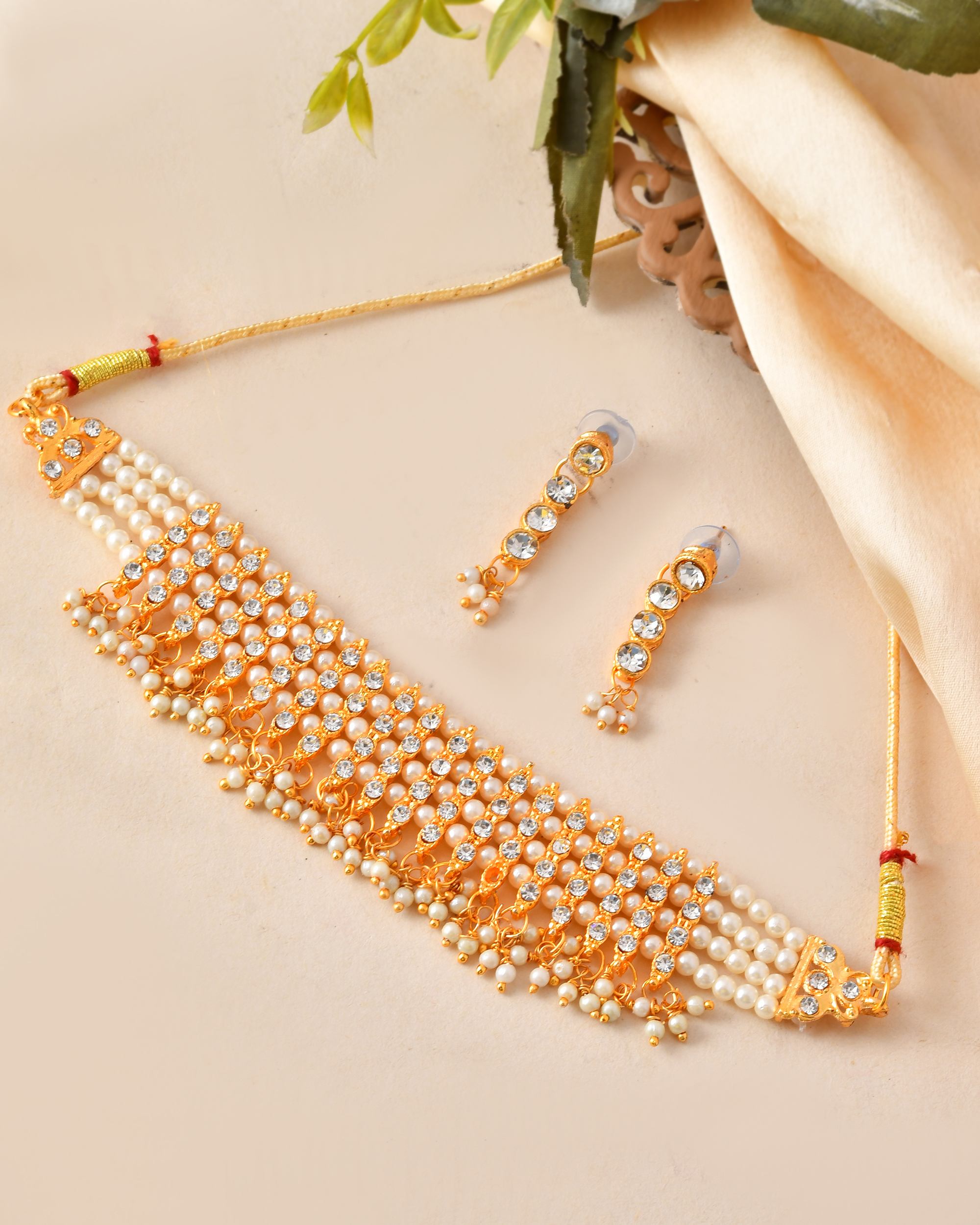VOJ Gold Polished Artifical Beads And Stone Studded Necklace And Earrings Set