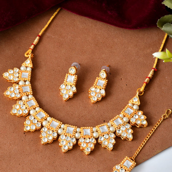 VOJ Gold Polished Stone Studded Necklace Set With Maang Tikka - Distacart