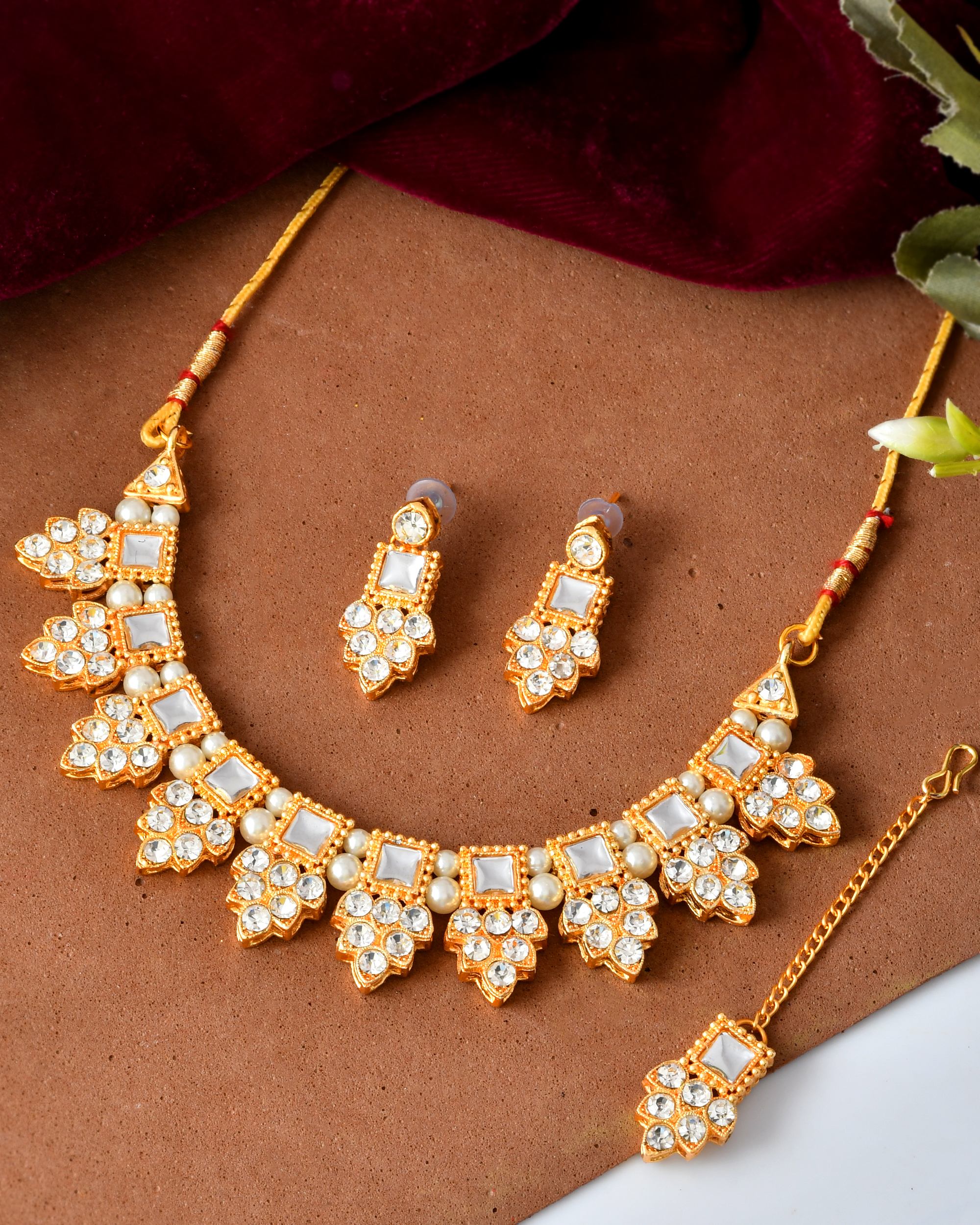 VOJ Gold Polished Stone Studded Necklace Set With Maang Tikka - Distacart