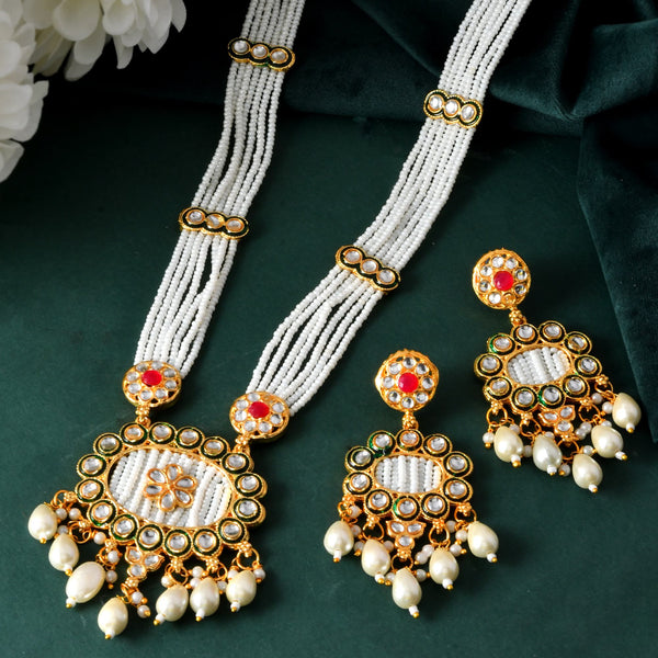 VOJ Gold Toned Artificial Beads Studded Long Necklace And Earrings Set