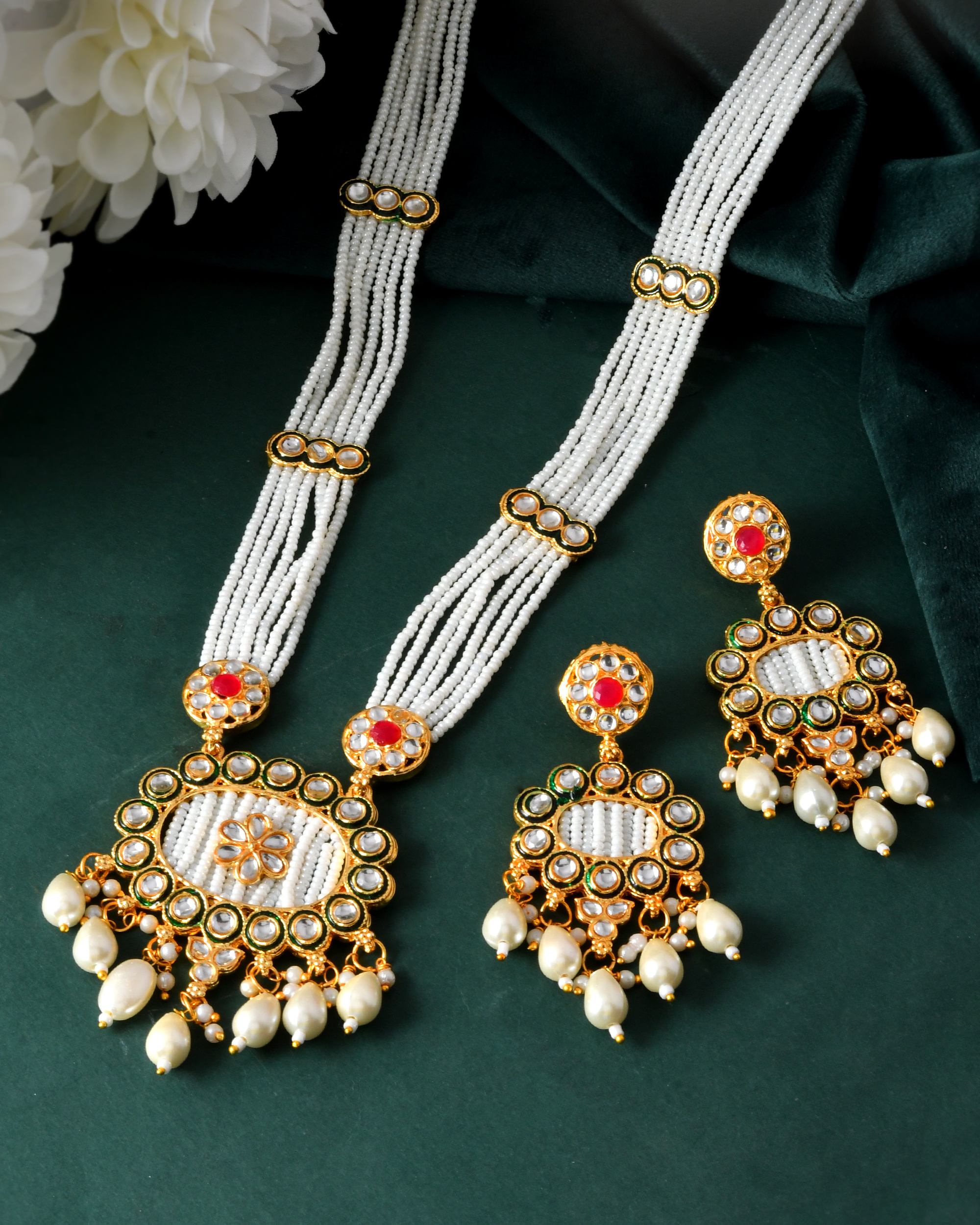 VOJ Gold Toned Artificial Beads Studded Long Necklace And Earrings Set - Distacart