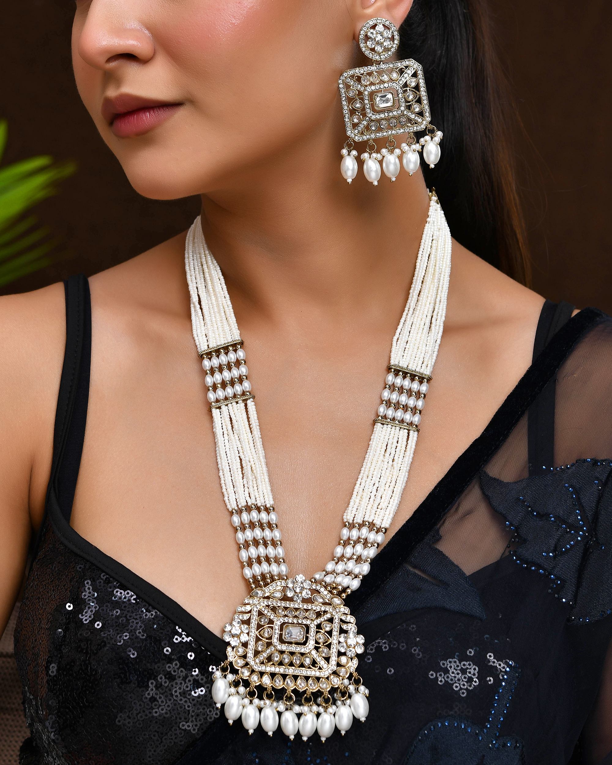 VOJ Copper-Toned Artificial Stone Studded Geometrical Long Necklace And Earrings Set