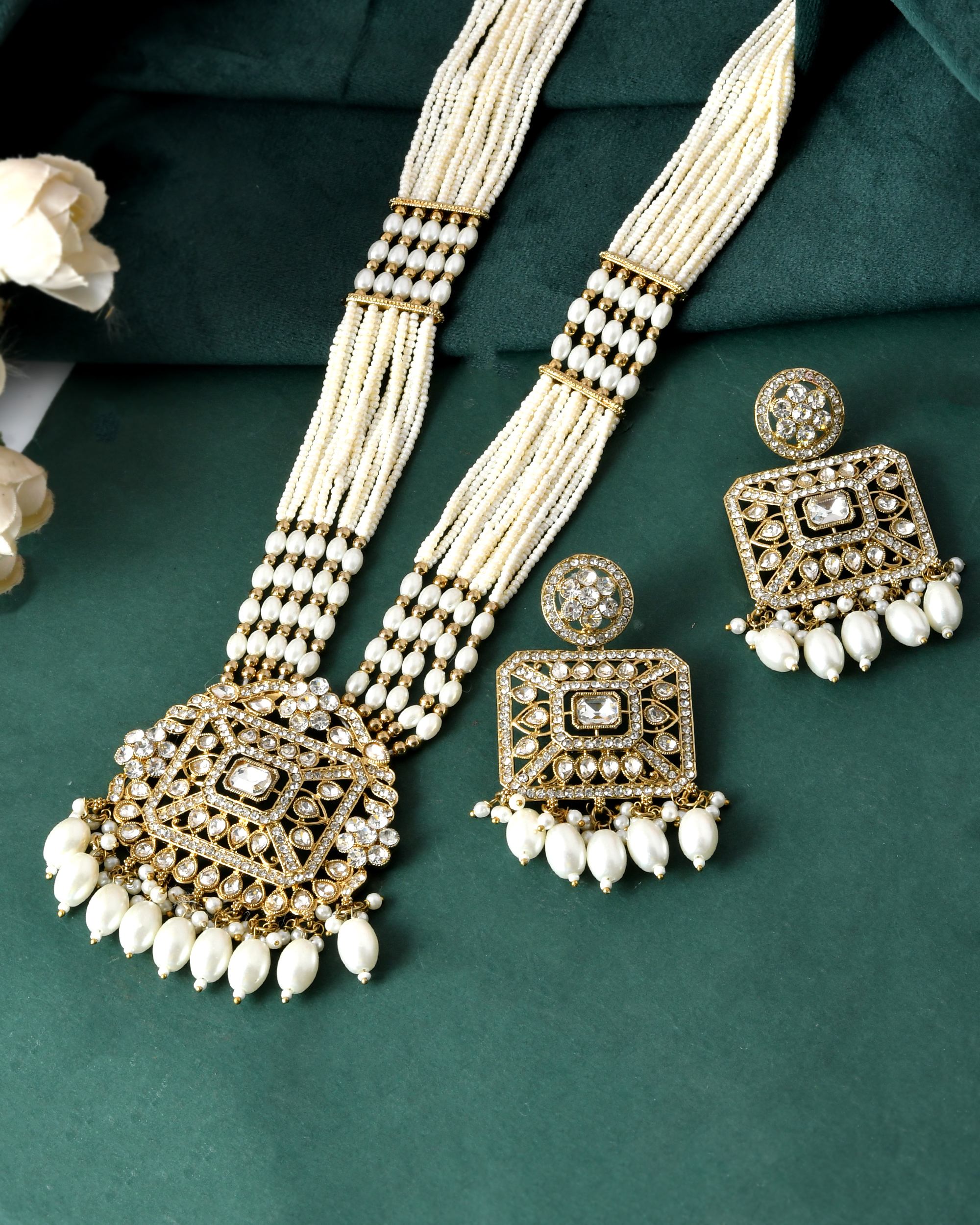 VOJ Copper-Toned Artificial Stone Studded Geometrical Long Necklace And Earrings Set - Distacart