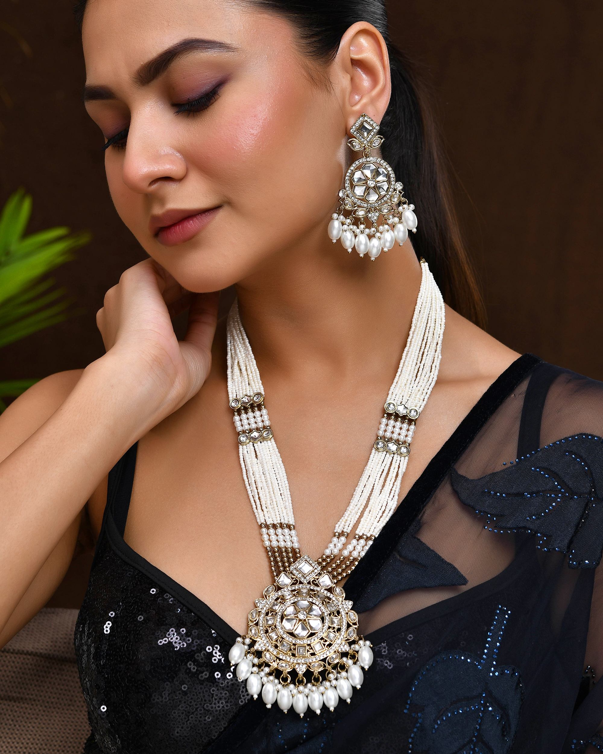 VOJ Copper-Toned Artifical Stone Studded Circular Long Necklace And Earrings Set