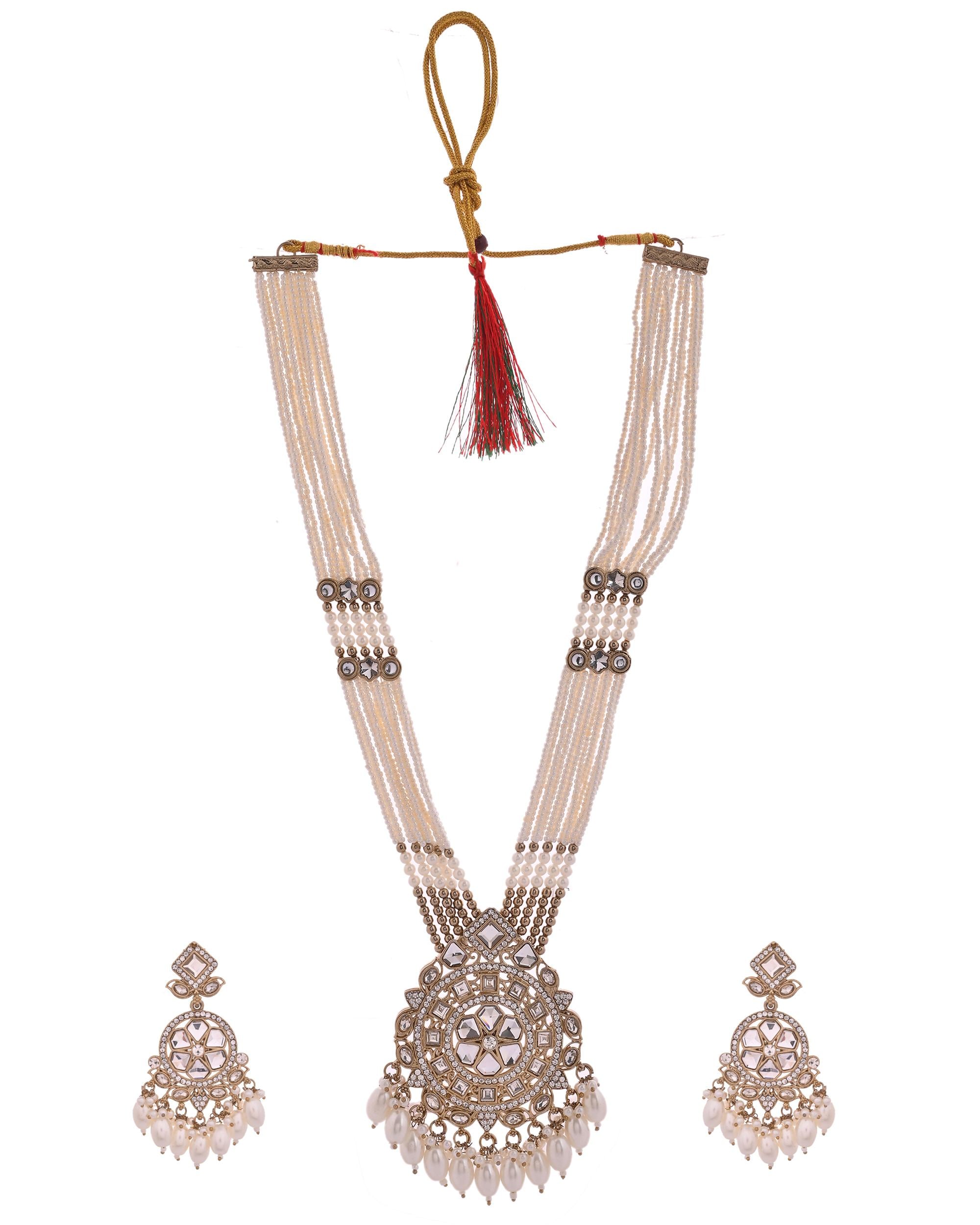 VOJ Copper-Toned Artifical Stone Studded Circular Long Necklace And Earrings Set