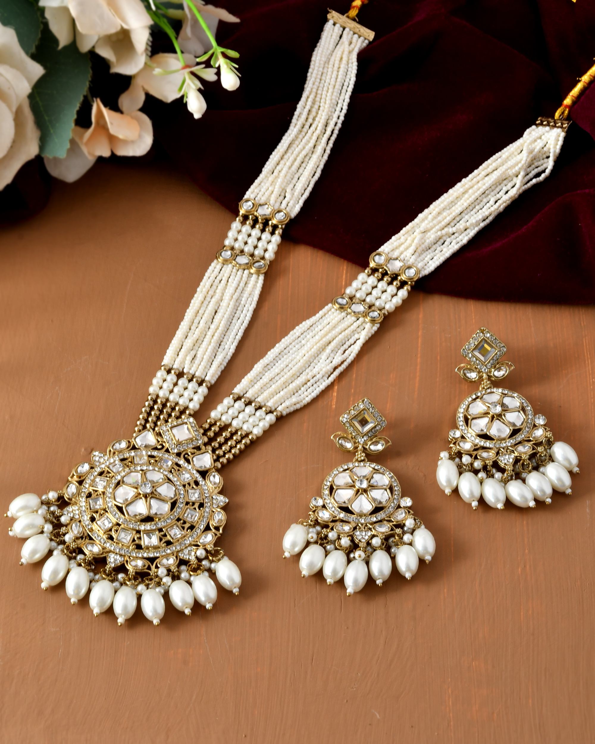 VOJ Copper-Toned Artifical Stone Studded Circular Long Necklace And Earrings Set